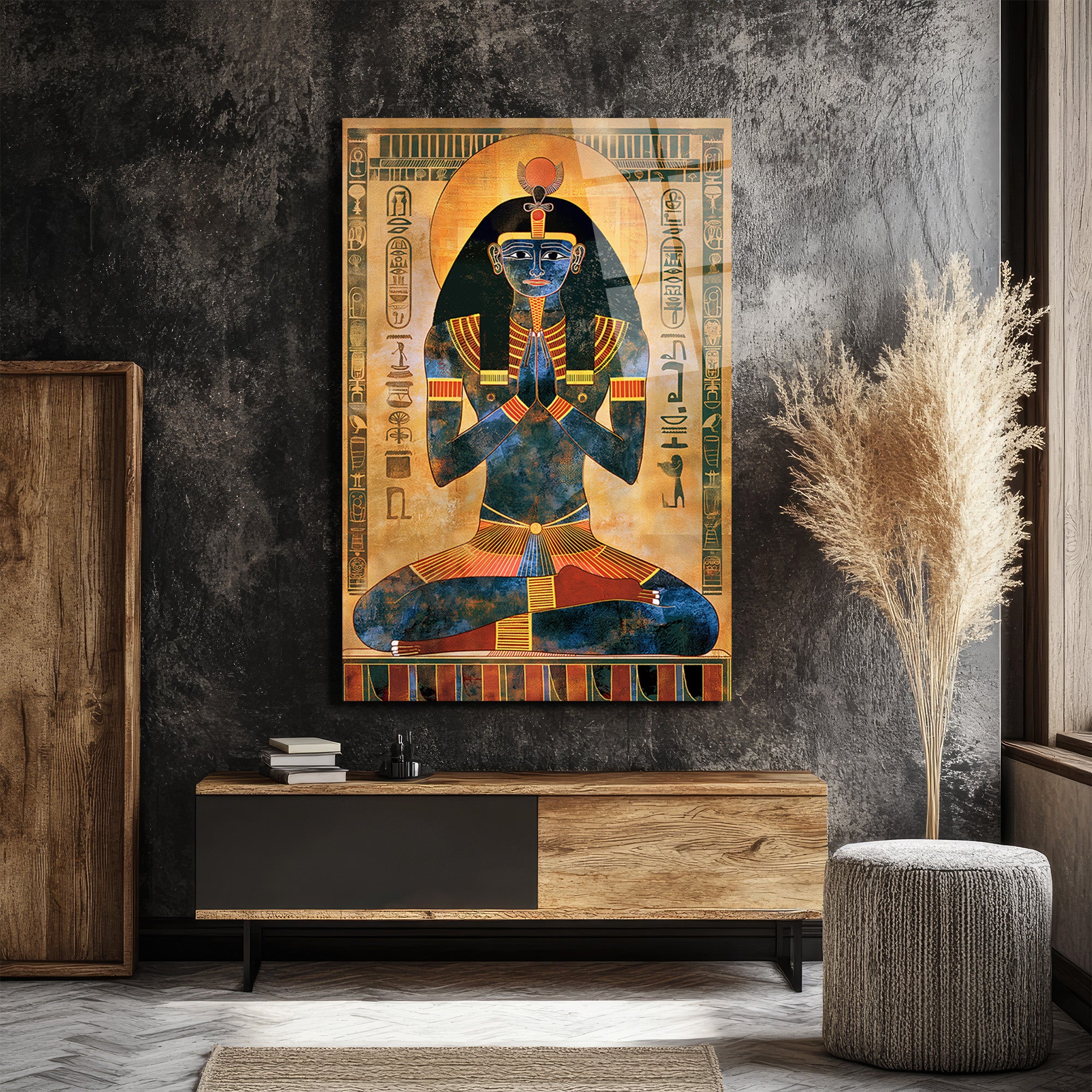 Antik Mısır Meditasyon Figürü Temalı Cam Tablo