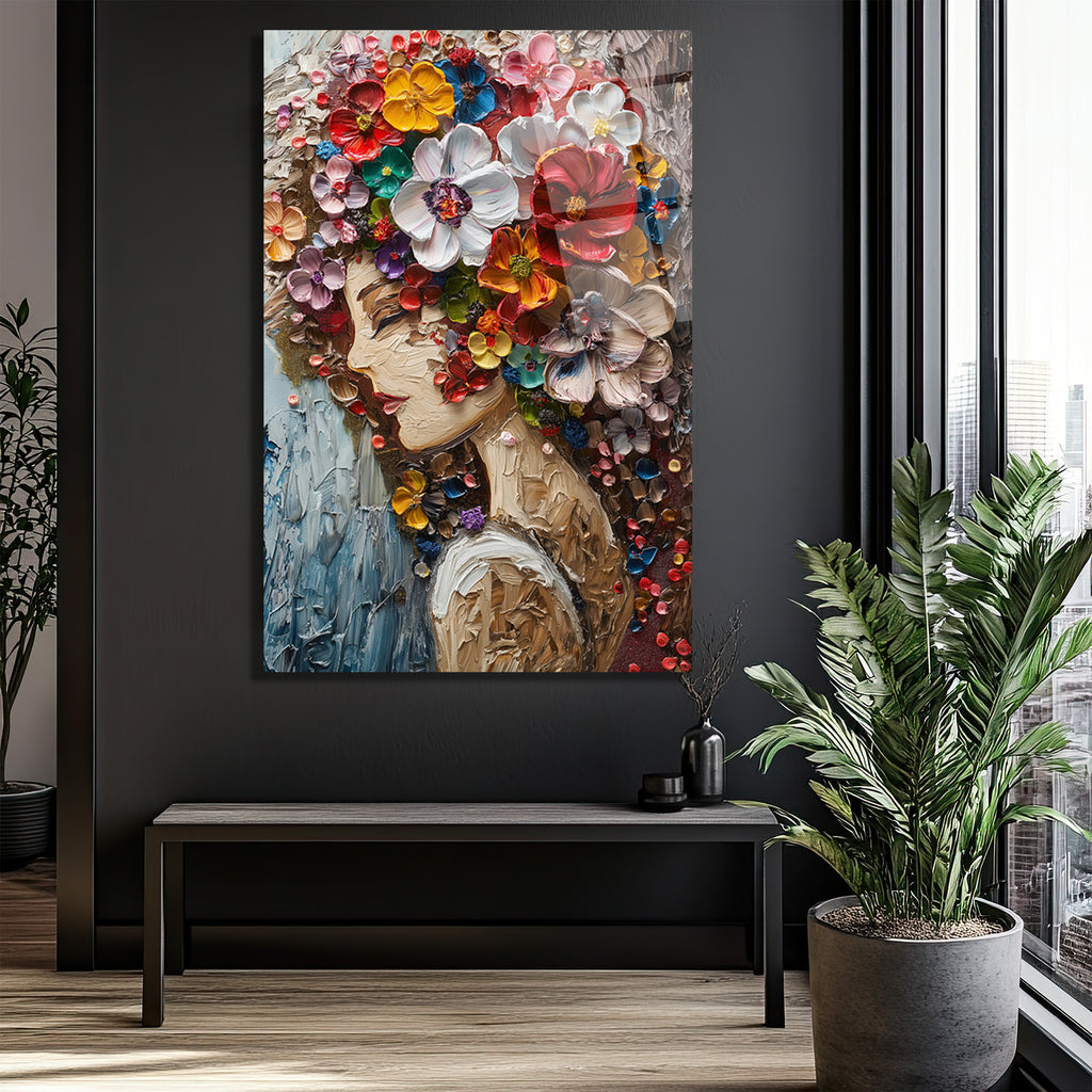 Canlı Çiçek Buketi Saçlı Kadın Cam Tablo - Dokulu Sanat Eseri