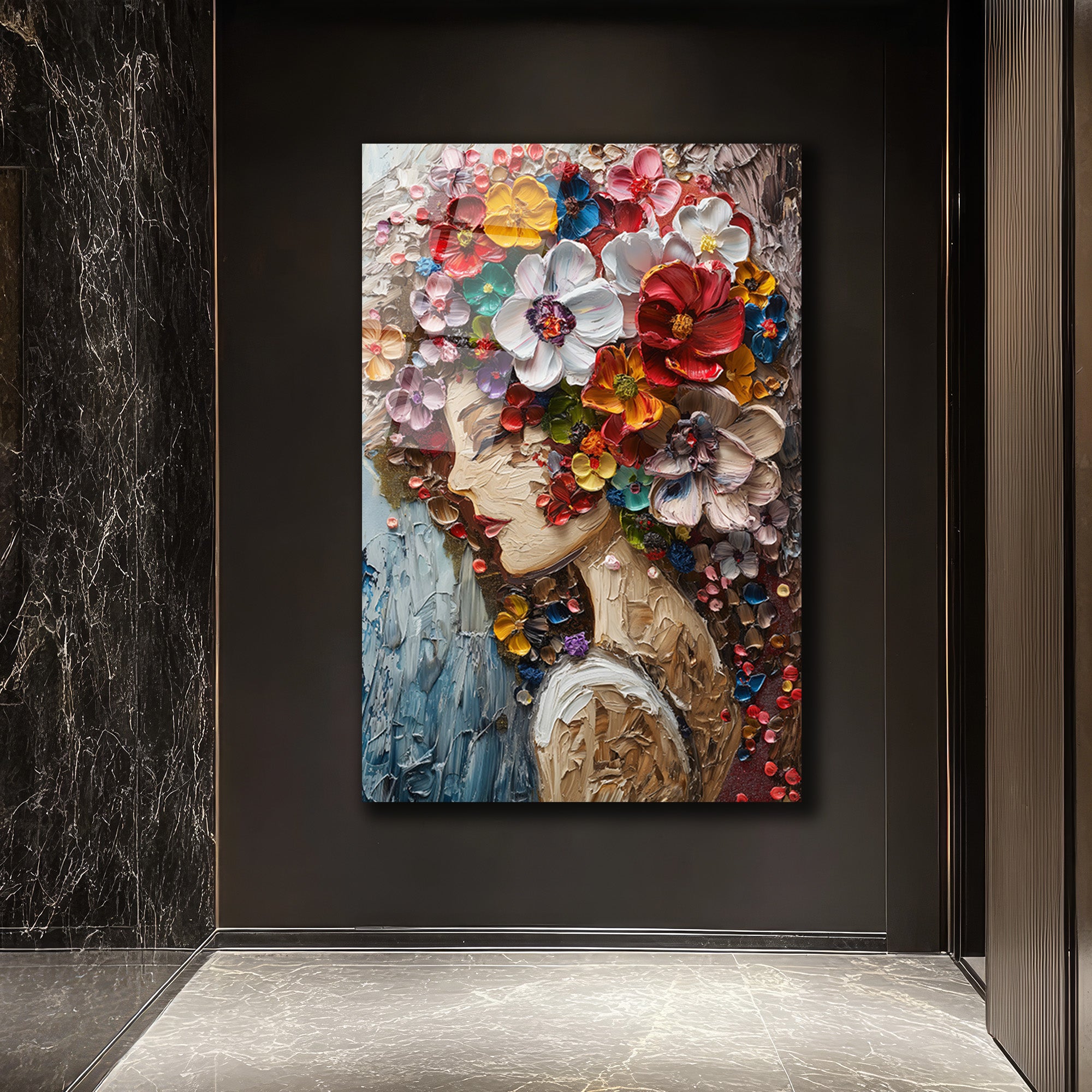 Canlı Çiçek Buketi Saçlı Kadın Cam Tablo - Dokulu Sanat Eseri