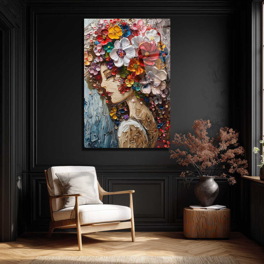 Canlı Çiçek Buketi Saçlı Kadın Cam Tablo - Dokulu Sanat Eseri