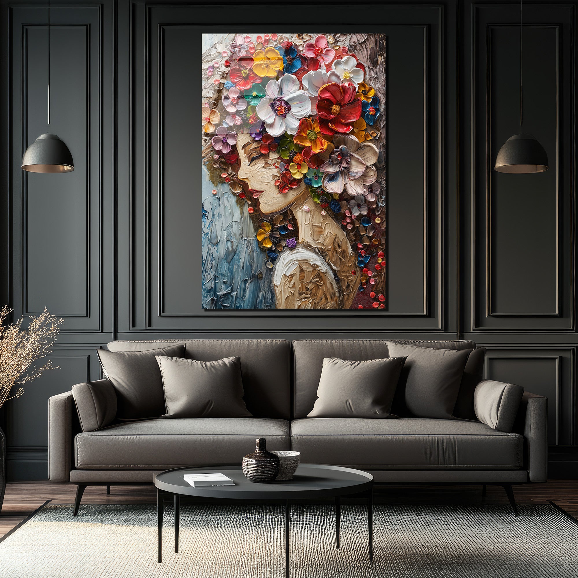 Canlı Çiçek Buketi Saçlı Kadın Cam Tablo - Dokulu Sanat Eseri