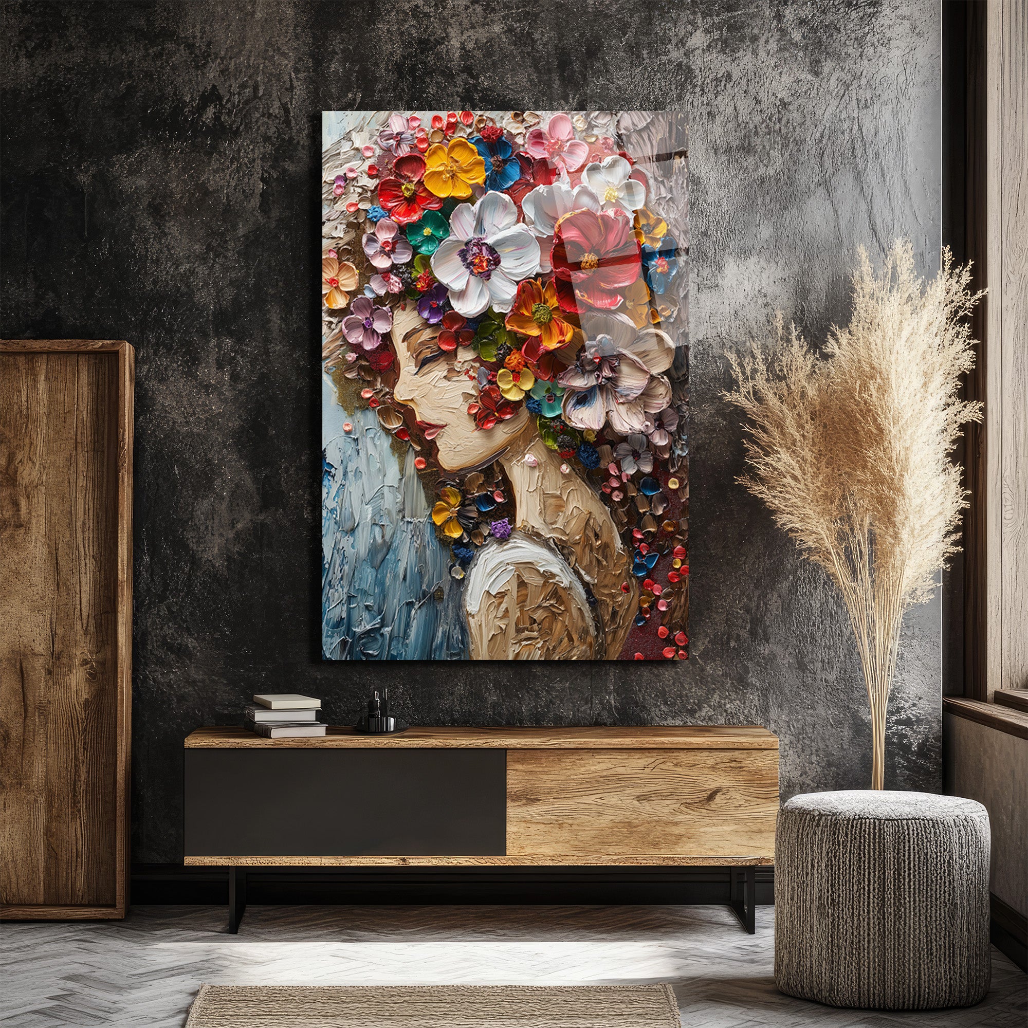 Canlı Çiçek Buketi Saçlı Kadın Cam Tablo - Dokulu Sanat Eseri