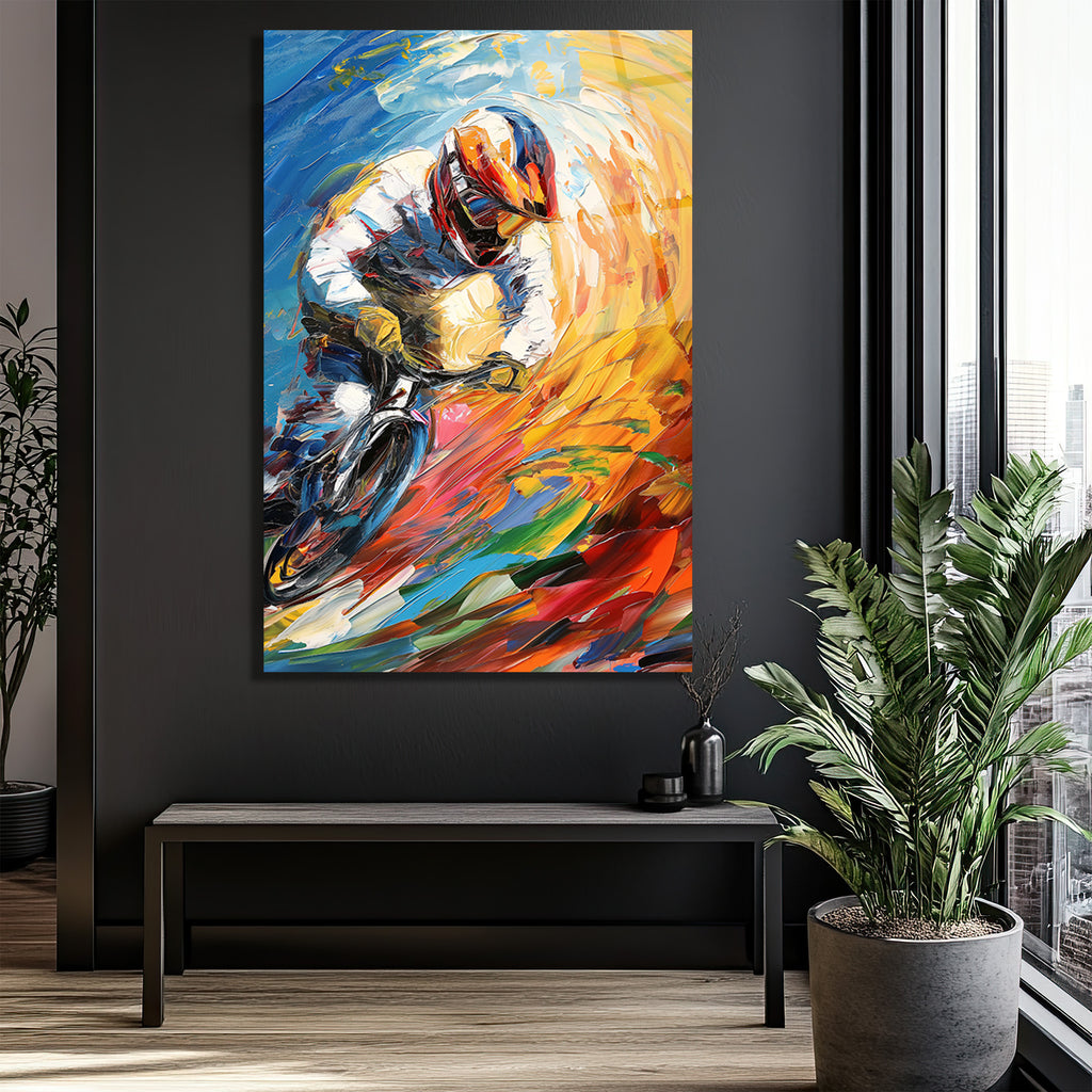 Dinamik Bisikletçi Soyut Sanat Cam Tablo