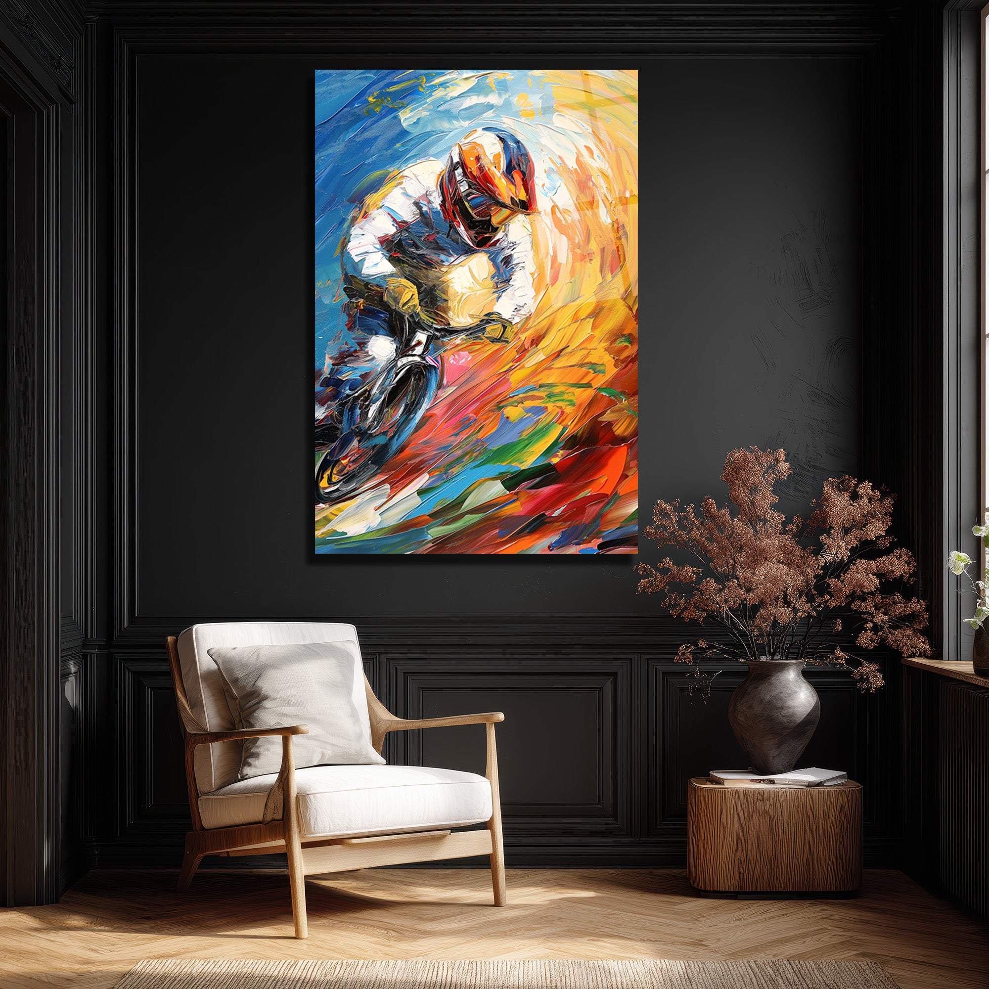Dinamik Bisikletçi Soyut Sanat Cam Tablo