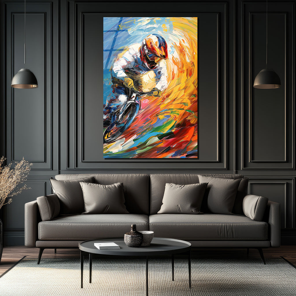 Dinamik Bisikletçi Soyut Sanat Cam Tablo