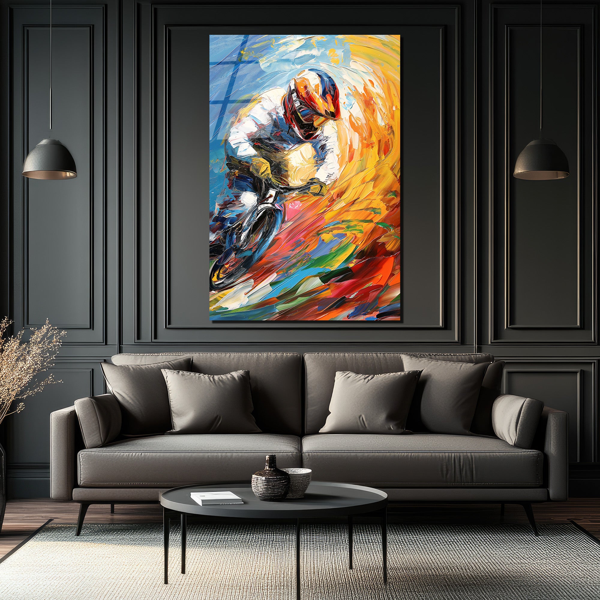 Dinamik Bisikletçi Soyut Sanat Cam Tablo
