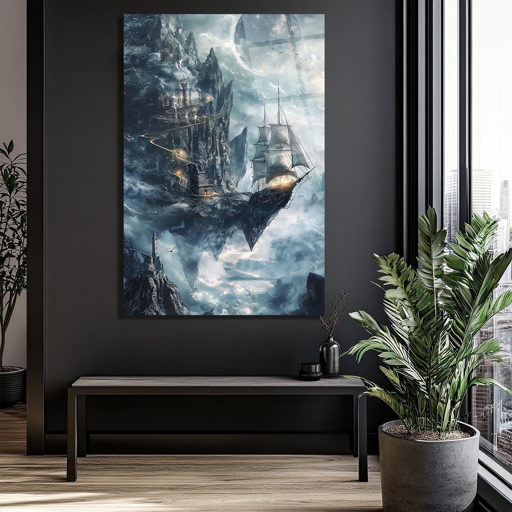 Fantastik Uçan Gemi ve Kale Manzaralı Cam Tablo