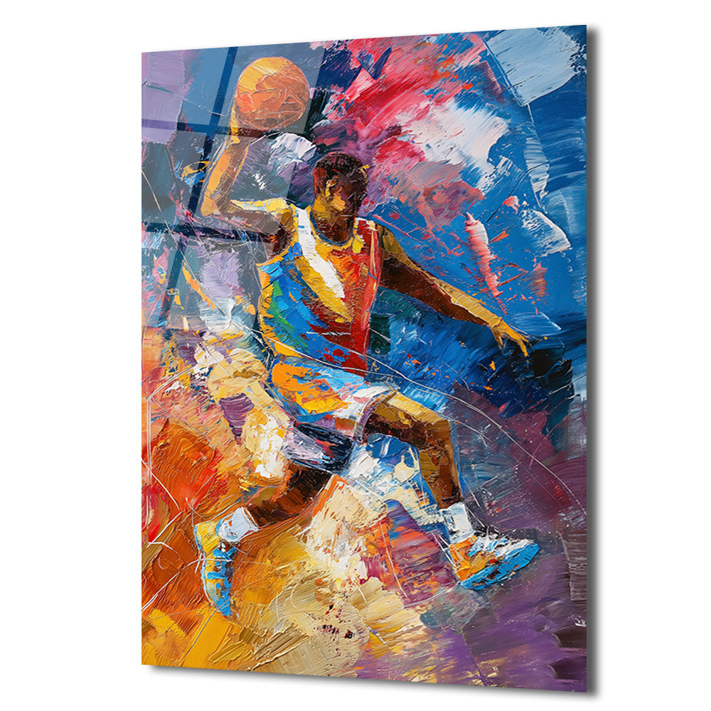 Dinamik Basketbolcu Sanatı Cam Tablo | Enerji Dolu Duvar Dekorasyonu