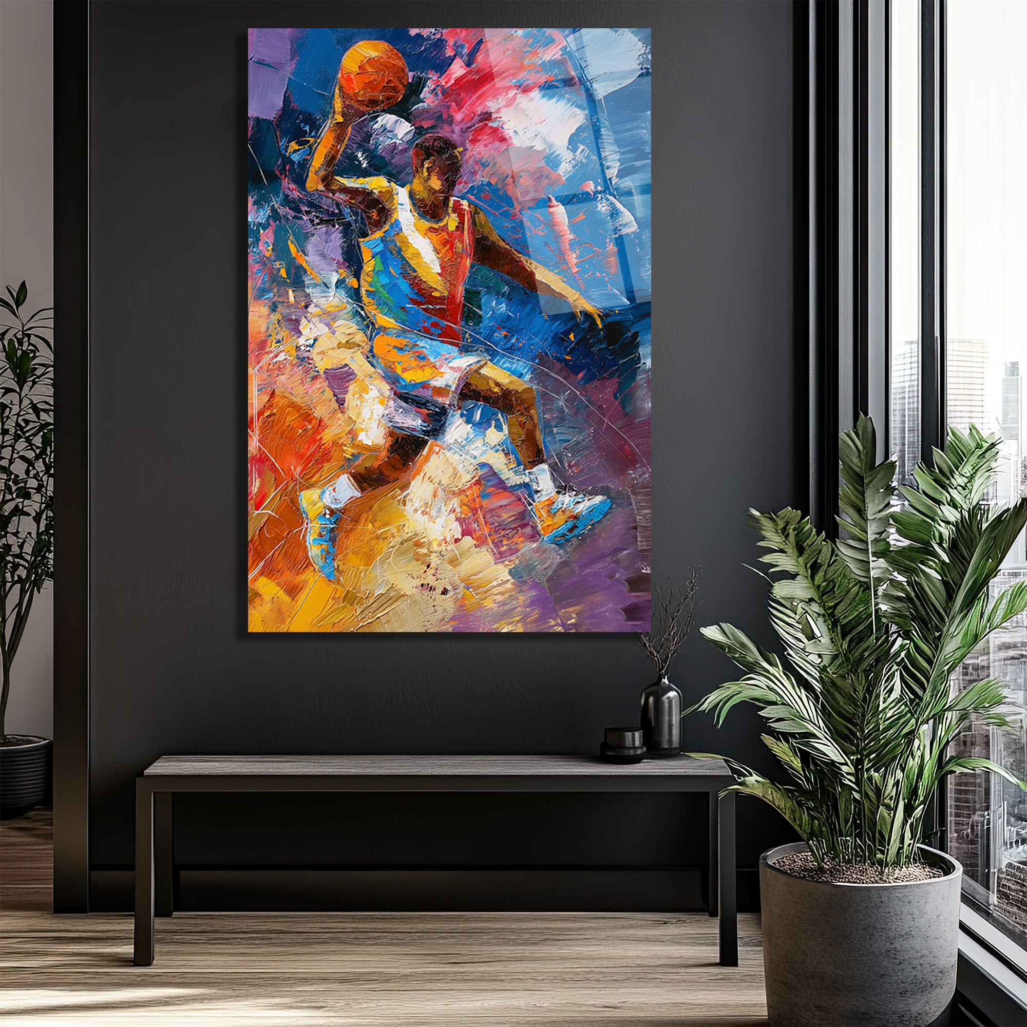 Dinamik Basketbolcu Sanatı Cam Tablo | Enerji Dolu Duvar Dekorasyonu
