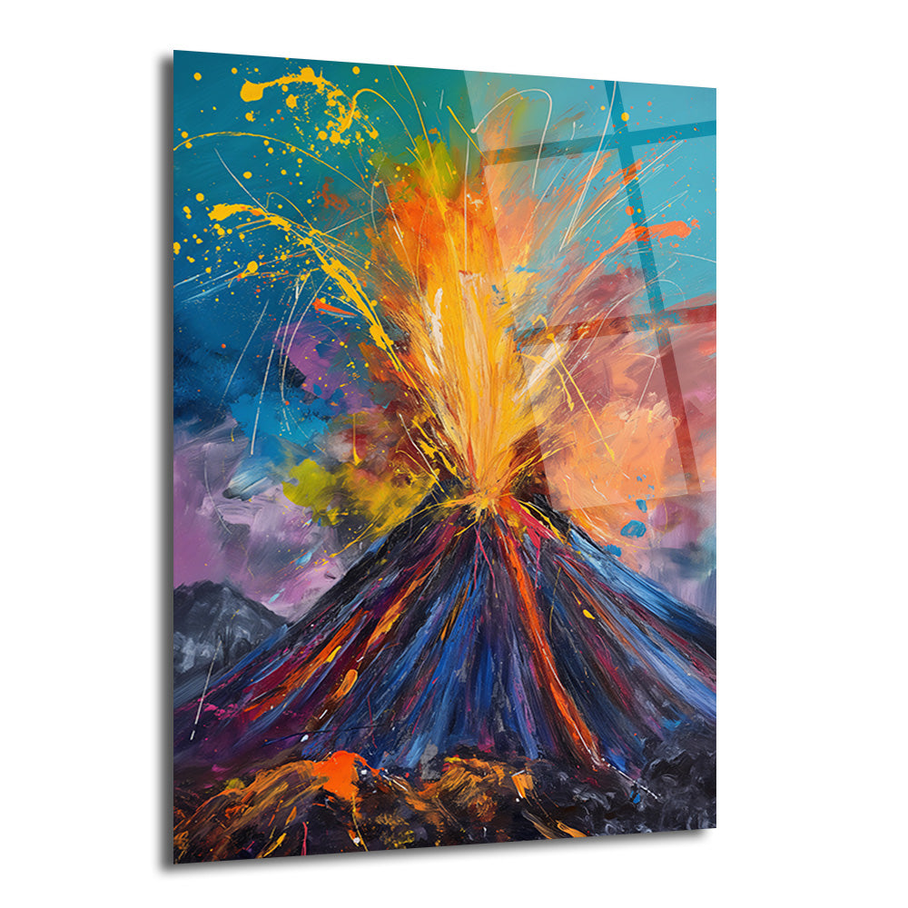 Canlı renklerle patlayan bir volkanın soyut ve dinamik çizimi, mavi, turuncu, sarı ve mor tonlarında sıçratma tekniğiyle yapılmış modern cam tablo.
