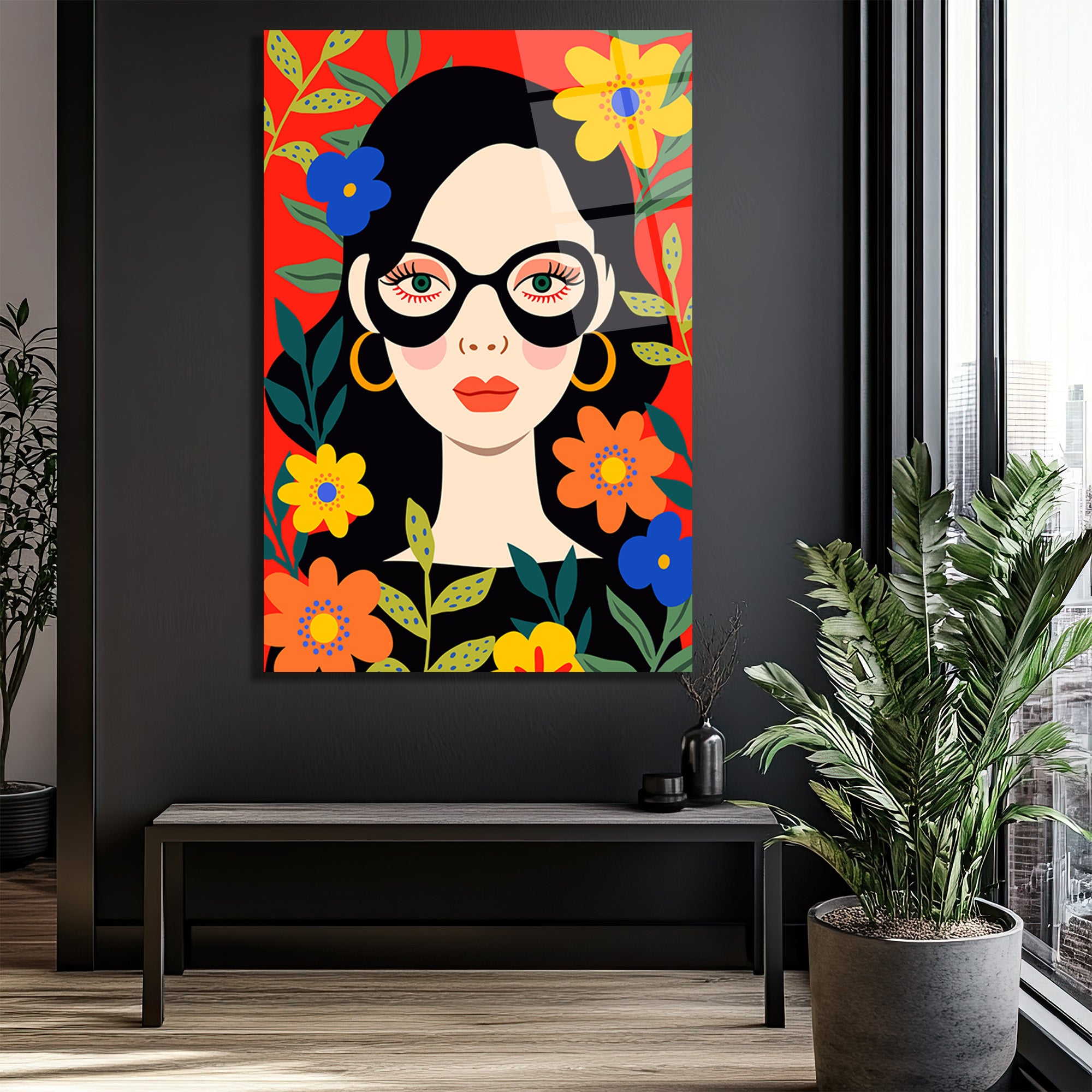 Çiçekler İçinde Gözlüklü Kadın Modern Sanat Cam Tablo