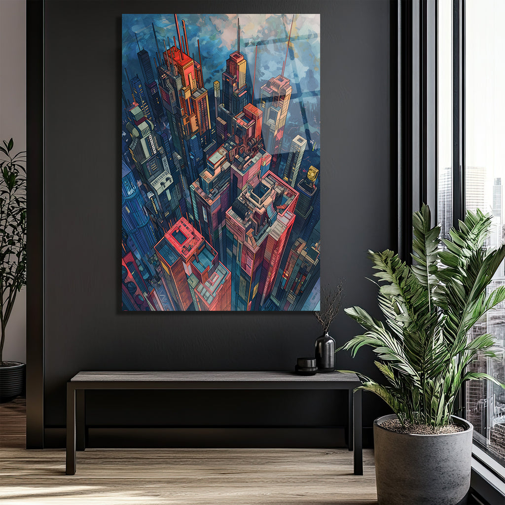 Fütüristik Şehir Manzarası Cam Tablo | Dinamik Urban Sanat