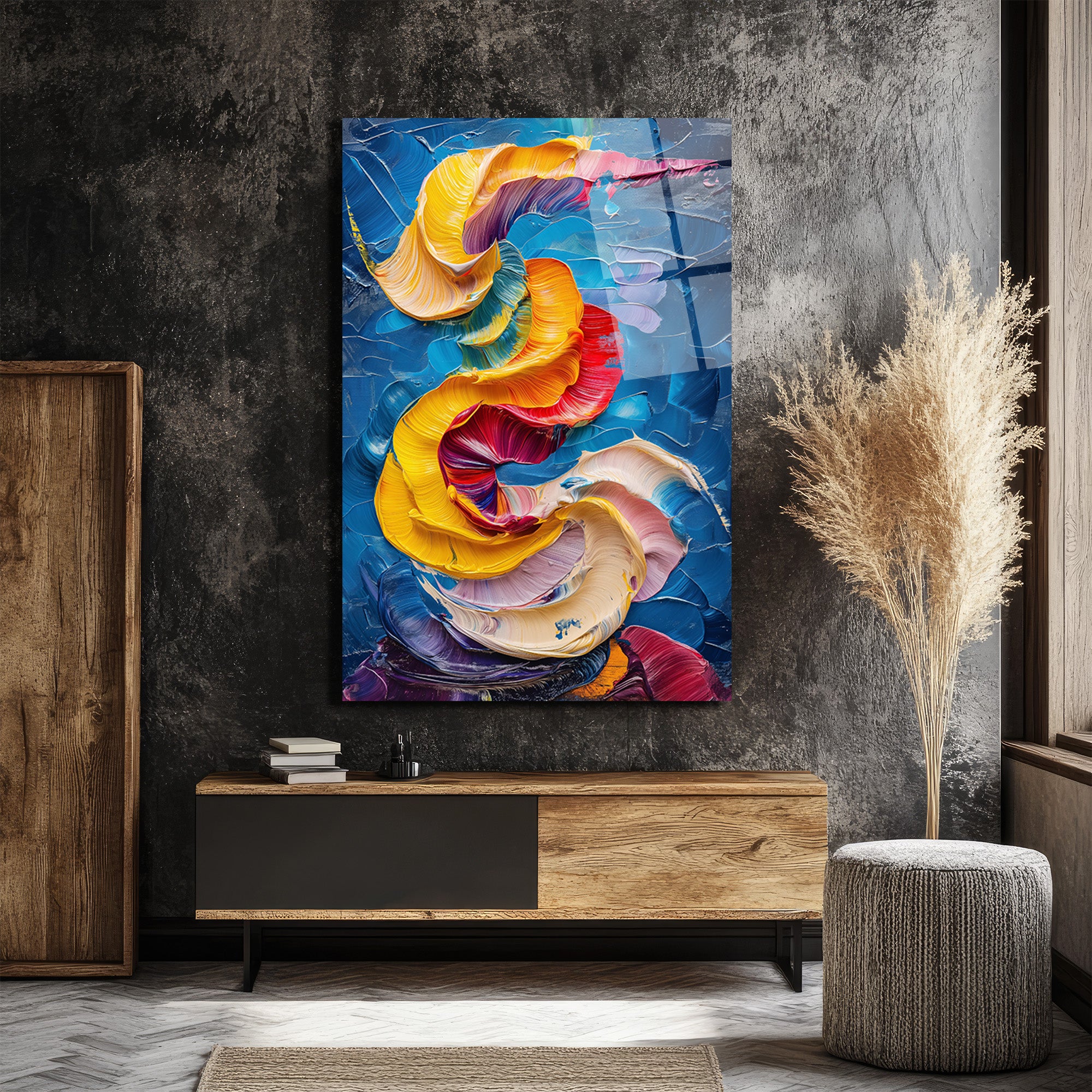 Enerjik Renklerin Dansı Cam Tablo - Modern Soyut Sanat