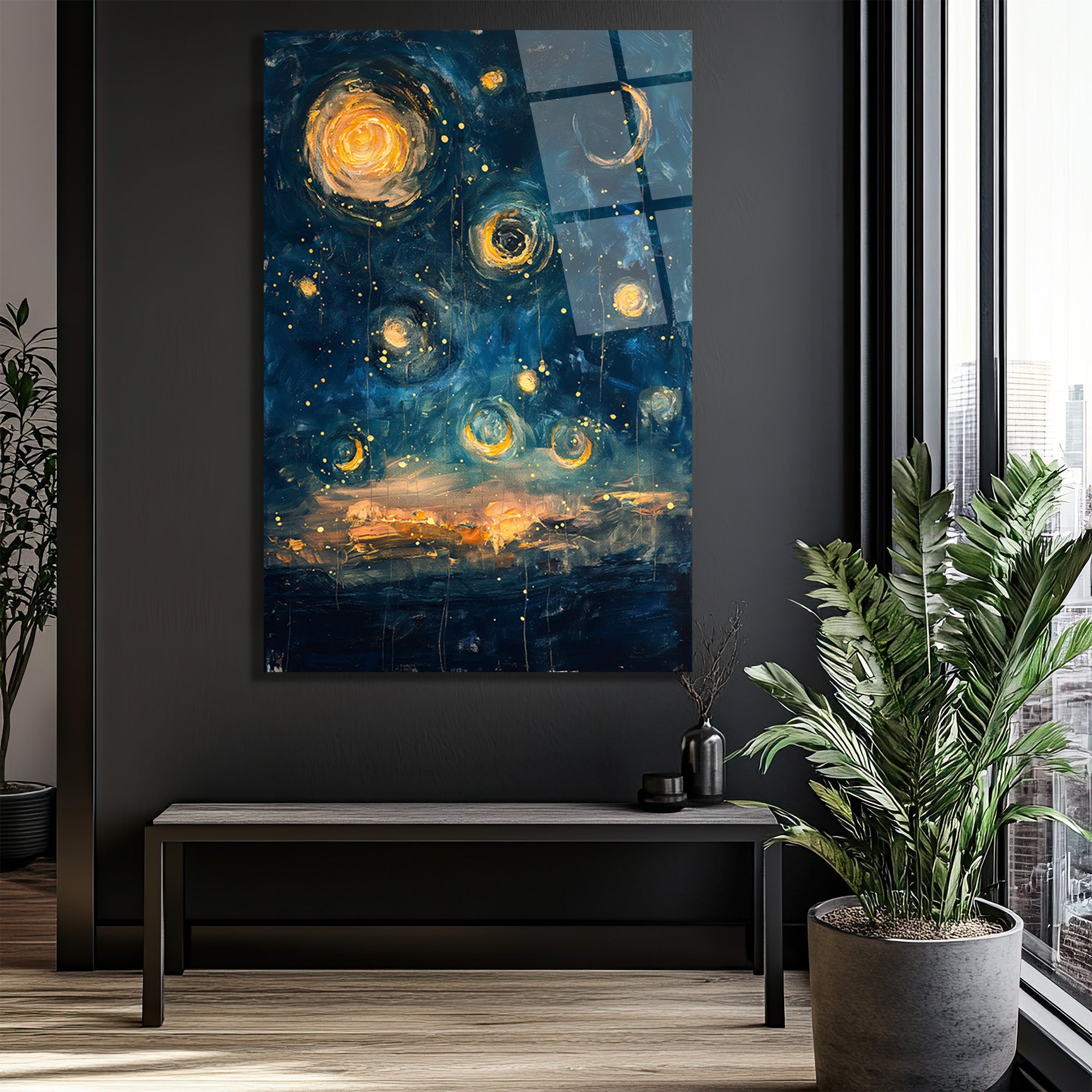 Büyülü Yıldızlı Gece Temalı Modern Sanat Cam Tablo