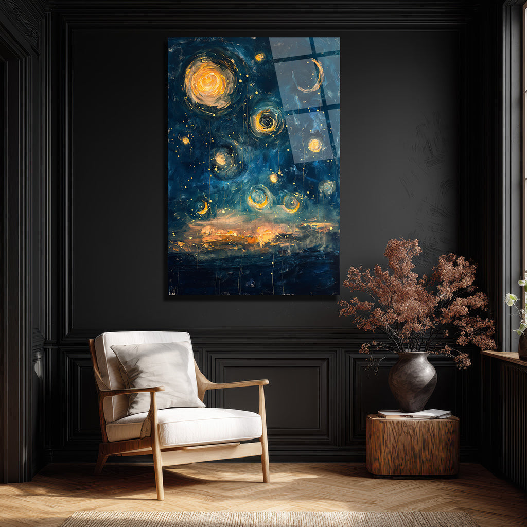 Büyülü Yıldızlı Gece Temalı Modern Sanat Cam Tablo