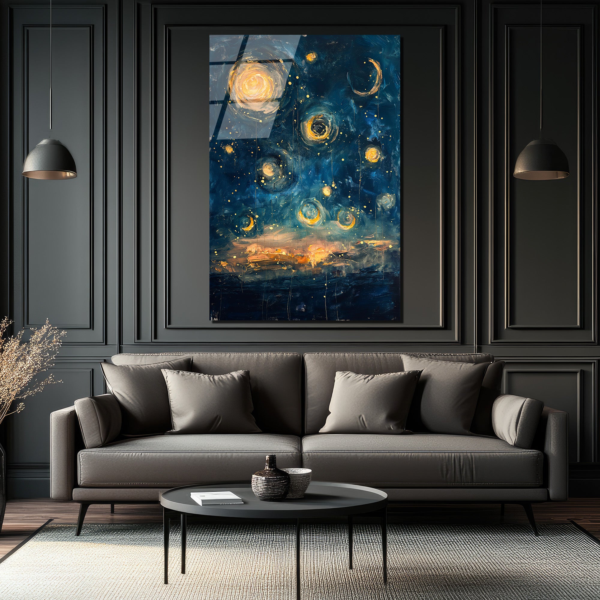 Büyülü Yıldızlı Gece Temalı Modern Sanat Cam Tablo