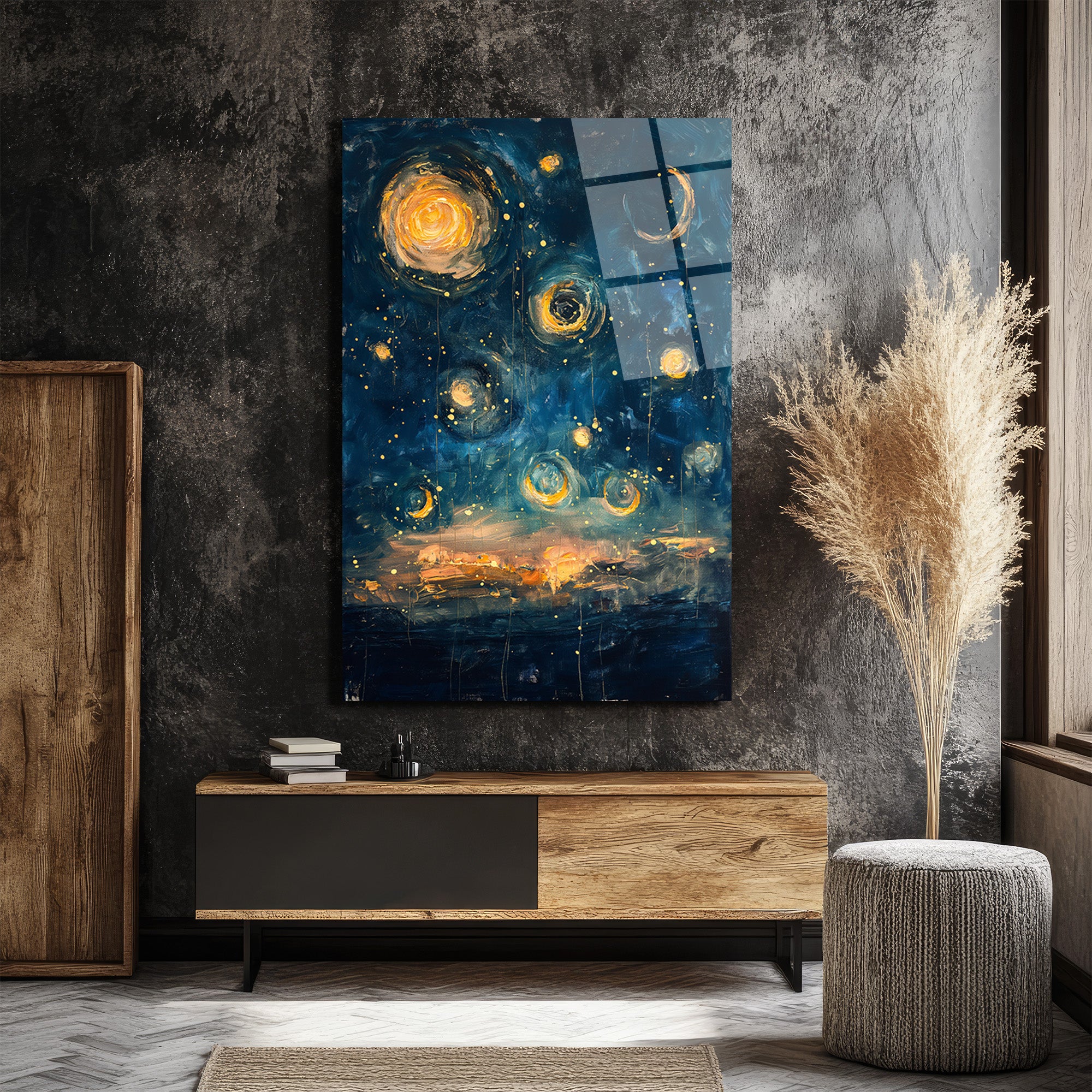 Büyülü Yıldızlı Gece Temalı Modern Sanat Cam Tablo