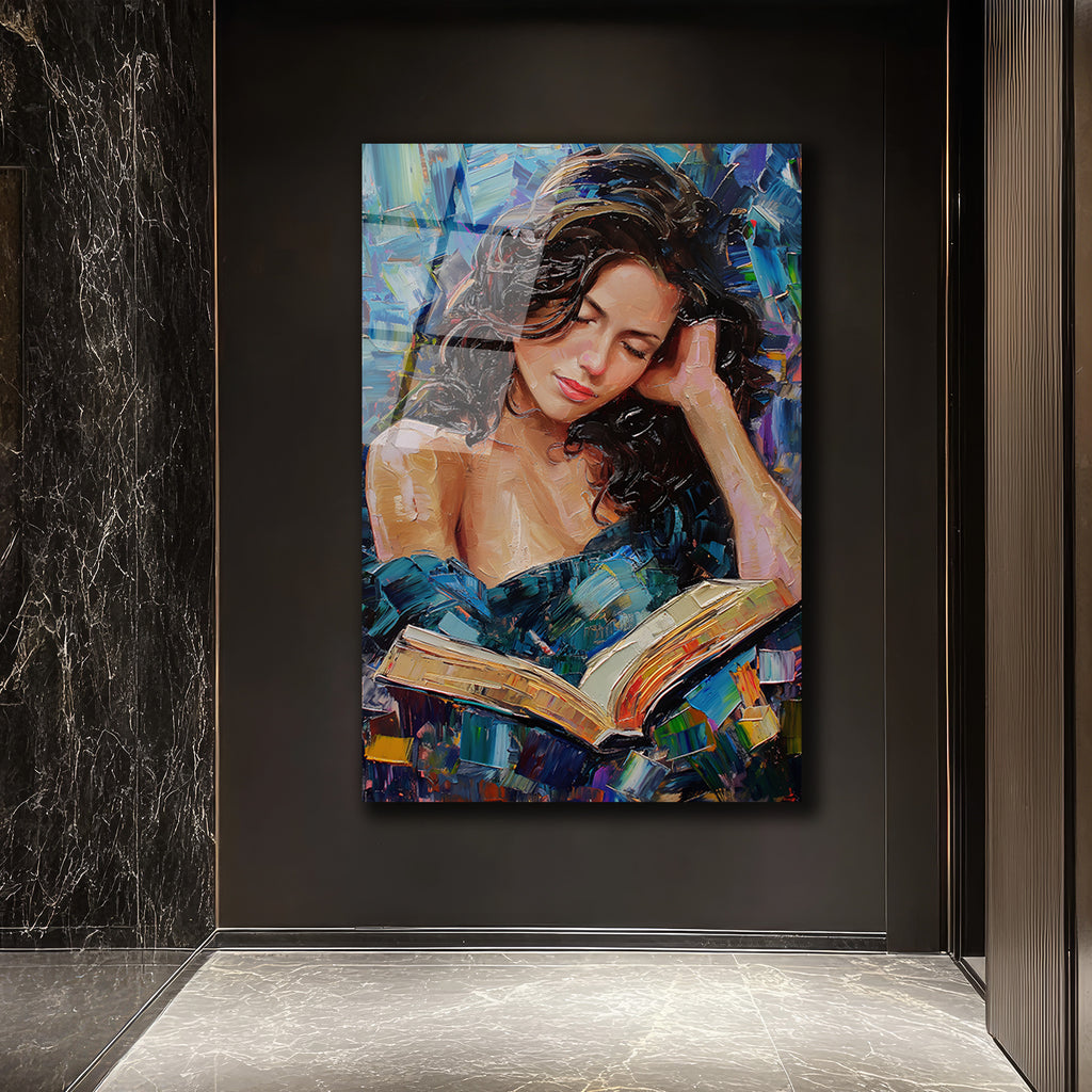 Kitap Okuyan Kadın Yağlıboya Görünümlü Sanatsal Cam Tablo