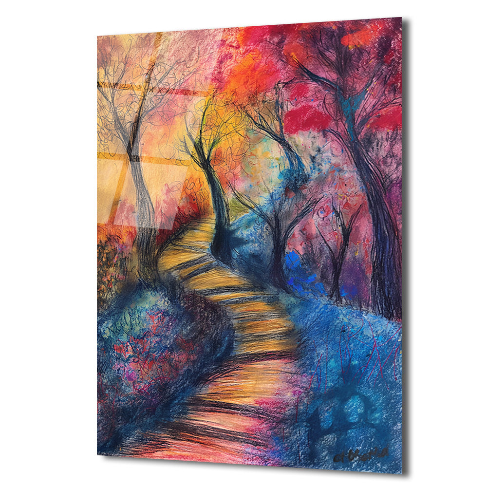 Rengarenk Patika Yolu Modern Sanat Cam Tablo