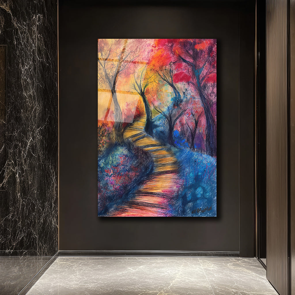Rengarenk Patika Yolu Modern Sanat Cam Tablo