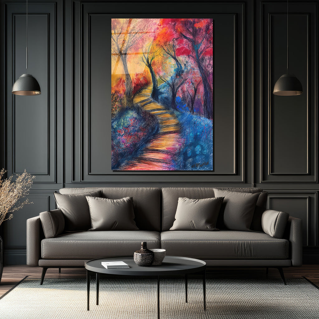 Rengarenk Patika Yolu Modern Sanat Cam Tablo