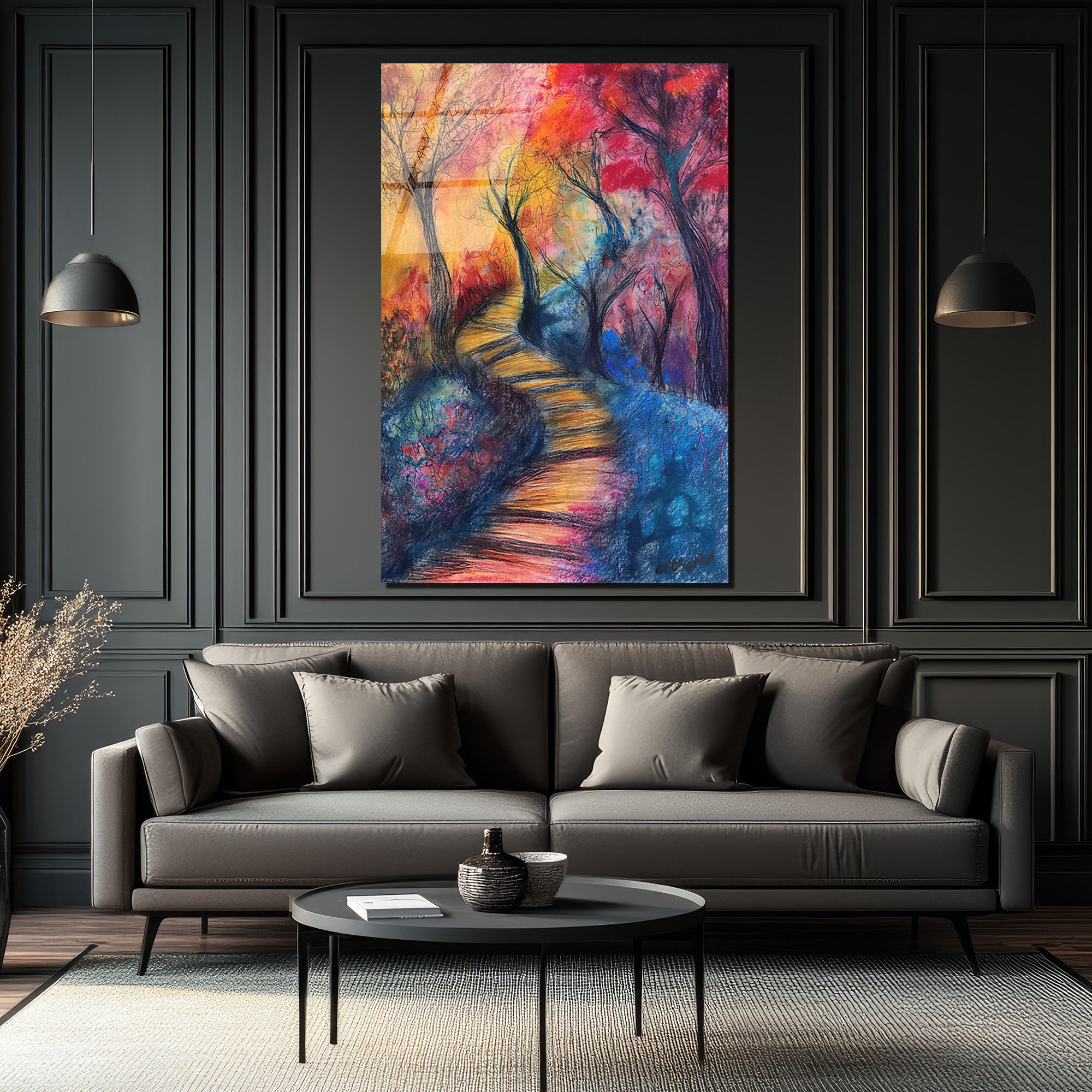 Rengarenk Patika Yolu Modern Sanat Cam Tablo