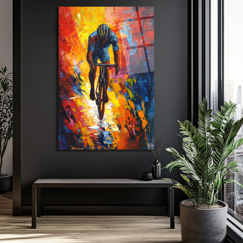 Dinamik Bisikletçi Soyut Sanat Cam Tablo
