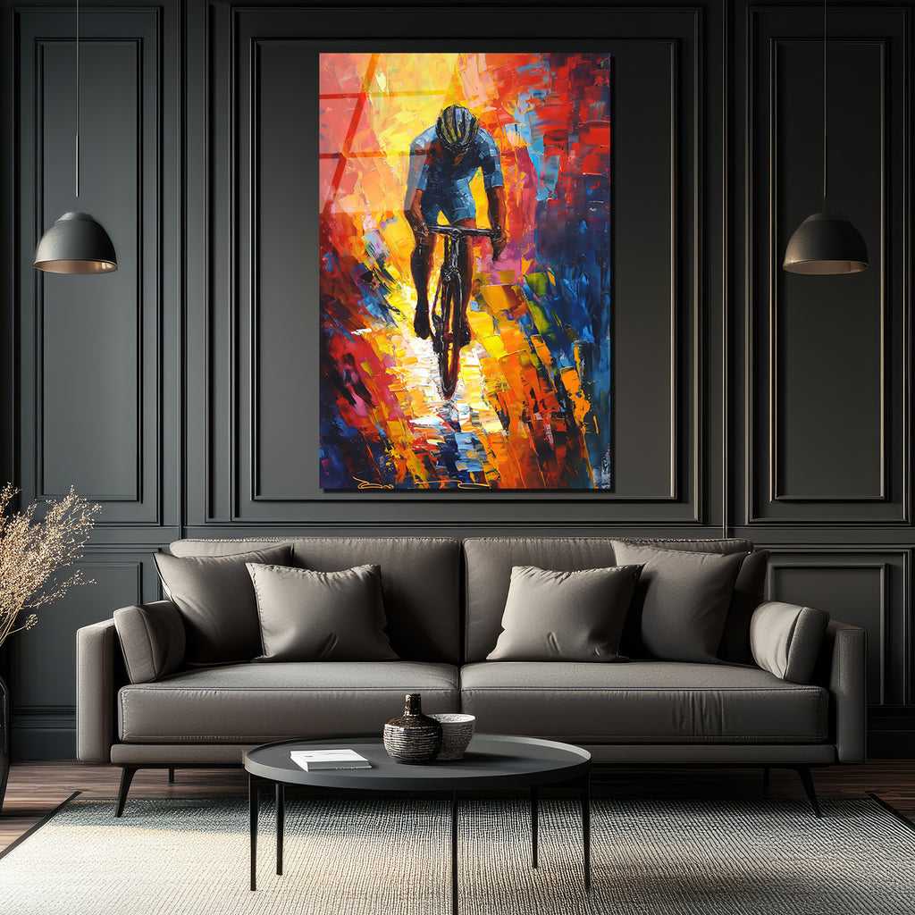 Dinamik Bisikletçi Soyut Sanat Cam Tablo