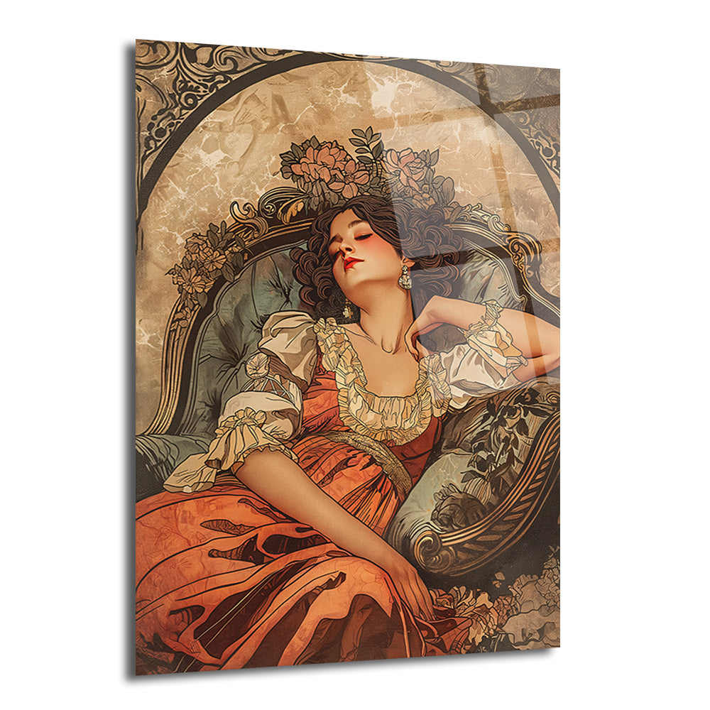 Art Nouveau tarzında, turuncu elbiseli, yeşil kadife koltukta uzanmış, gözleri kapalı zarif bir kadının vintage görünümlü cam tablo resmi. Arka planda çiçek ve kıvrımlı desenler mevcut.