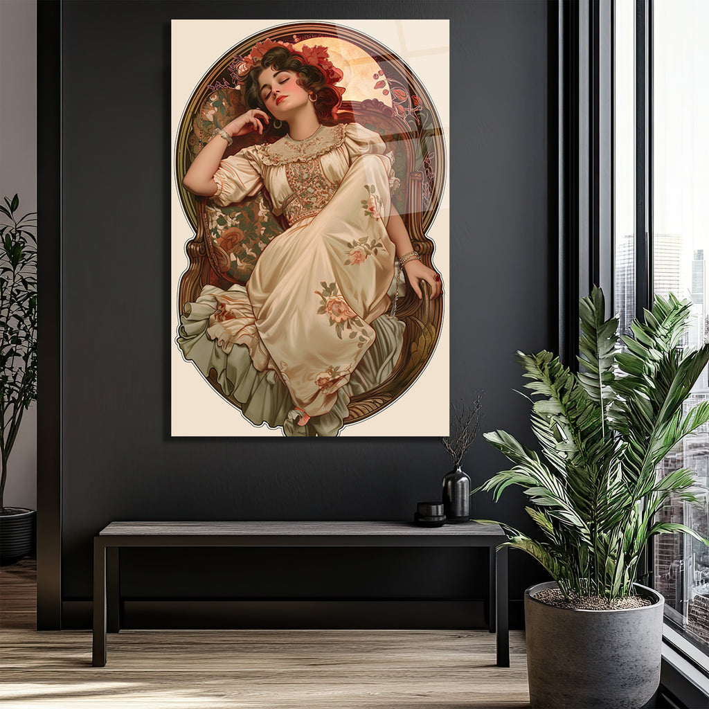 Art Nouveau Rüyası: Zarif Kadın Portresi Cam Tablo