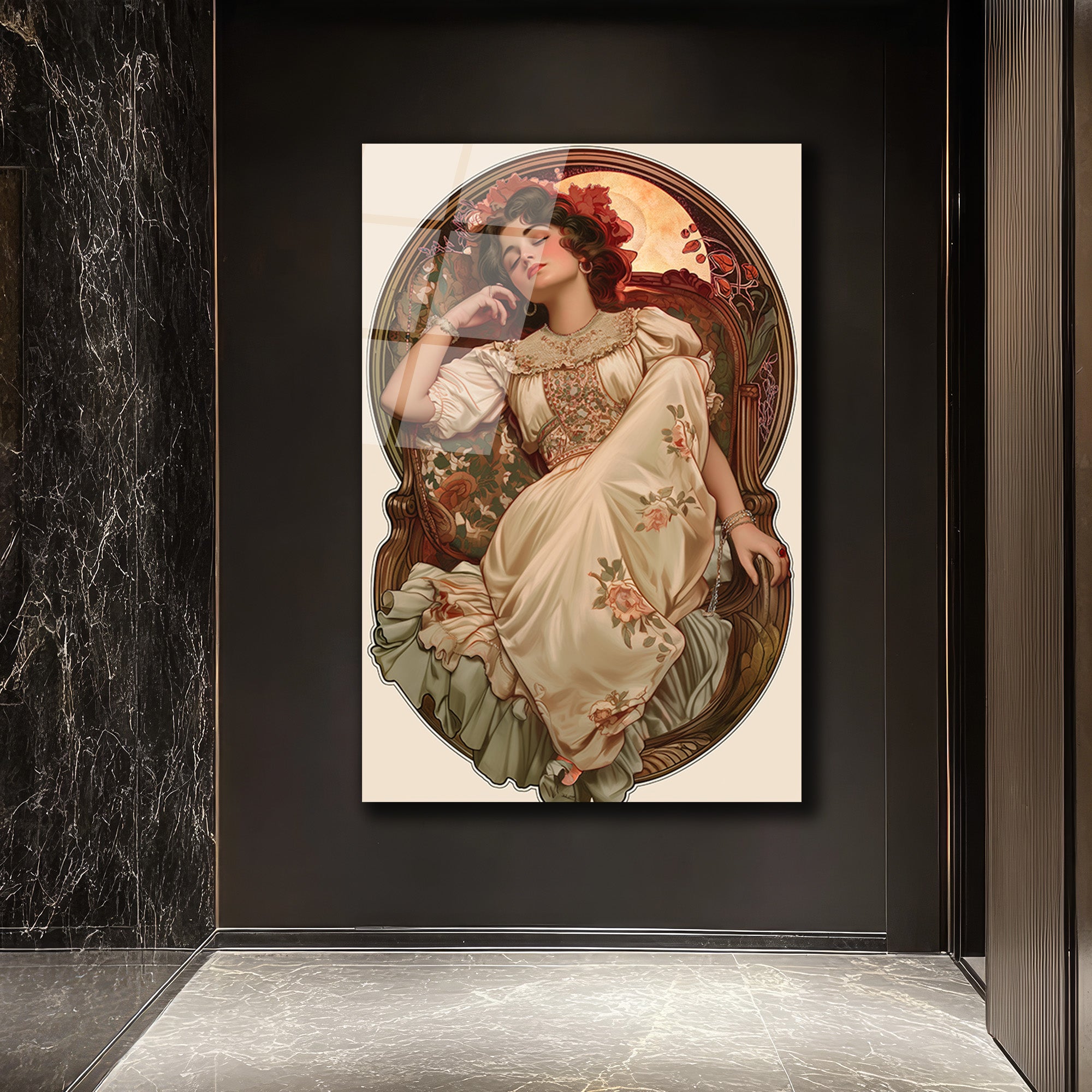 Art Nouveau Rüyası: Zarif Kadın Portresi Cam Tablo