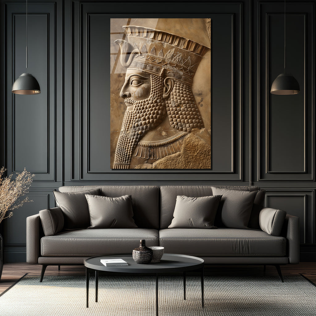 Antik Pers Kralı Rölyefi Cam Tablo - Tarihin İhtişamını Yaşayın