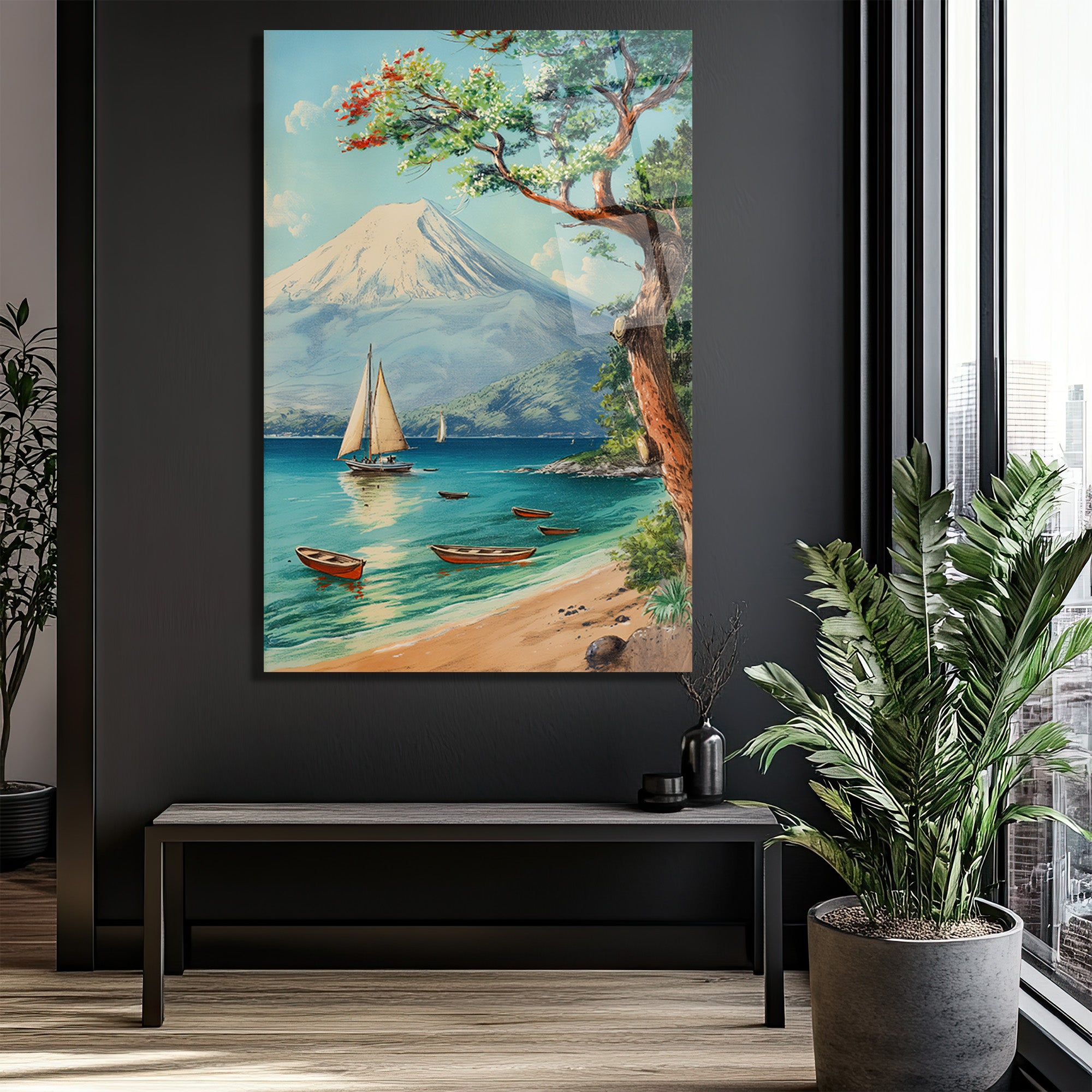 Fuji Dağı ve Yelkenli Tekne Manzaralı Cam Tablo