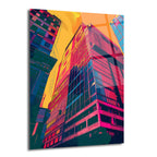 Canlı neon renklerle (kırmızı, pembe, mavi, sarı) stilize edilmiş, gökyüzüne uzanan modern şehir binalarının dinamik ve yukarıdan çekilmiş bir perspektifi. Kent estetiğini yansıtan pop-art tarzı bir cam tablo.