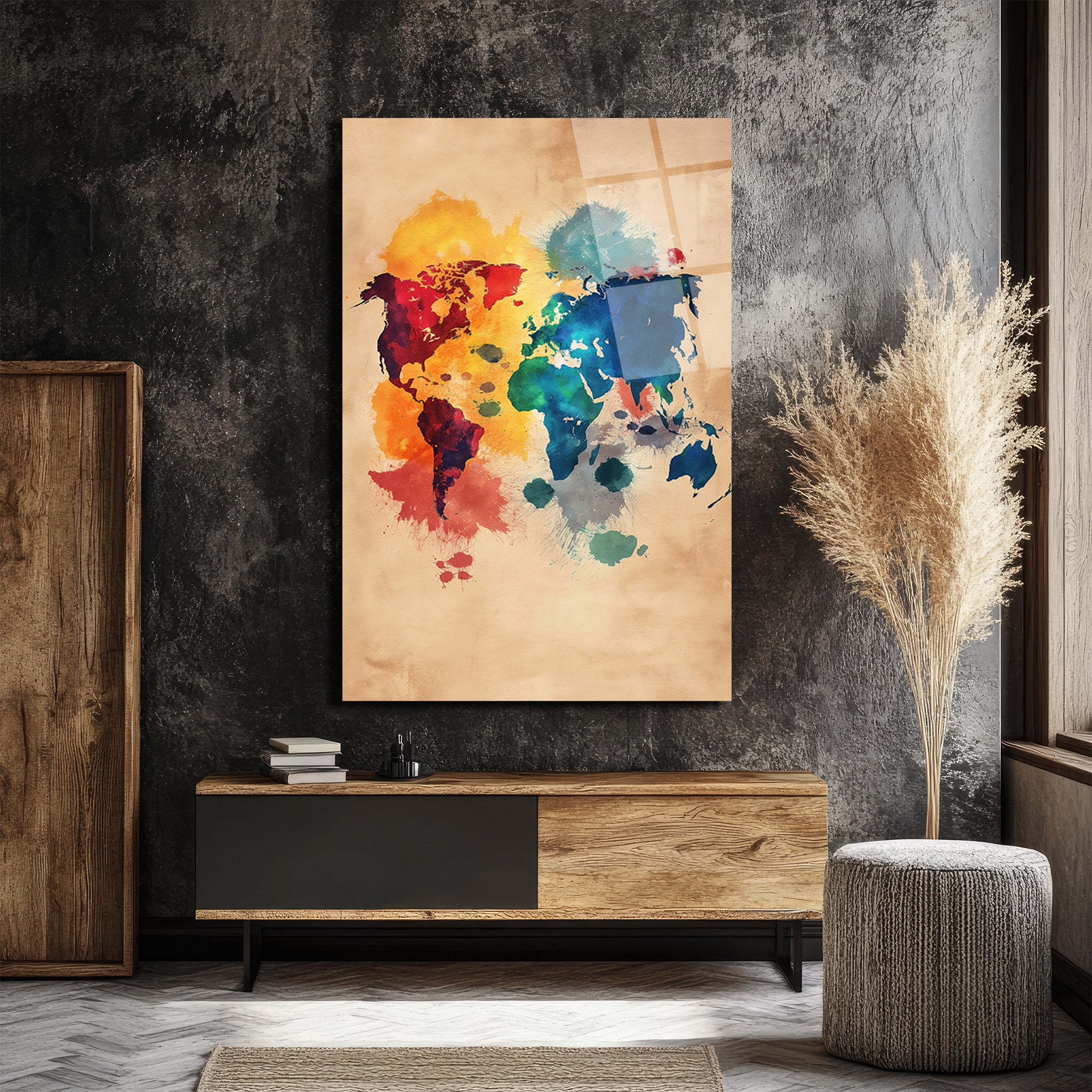 Canlı Renklerle Dünya Haritası Cam Tablo - Seyahat Tutkunuzu Yansıtın