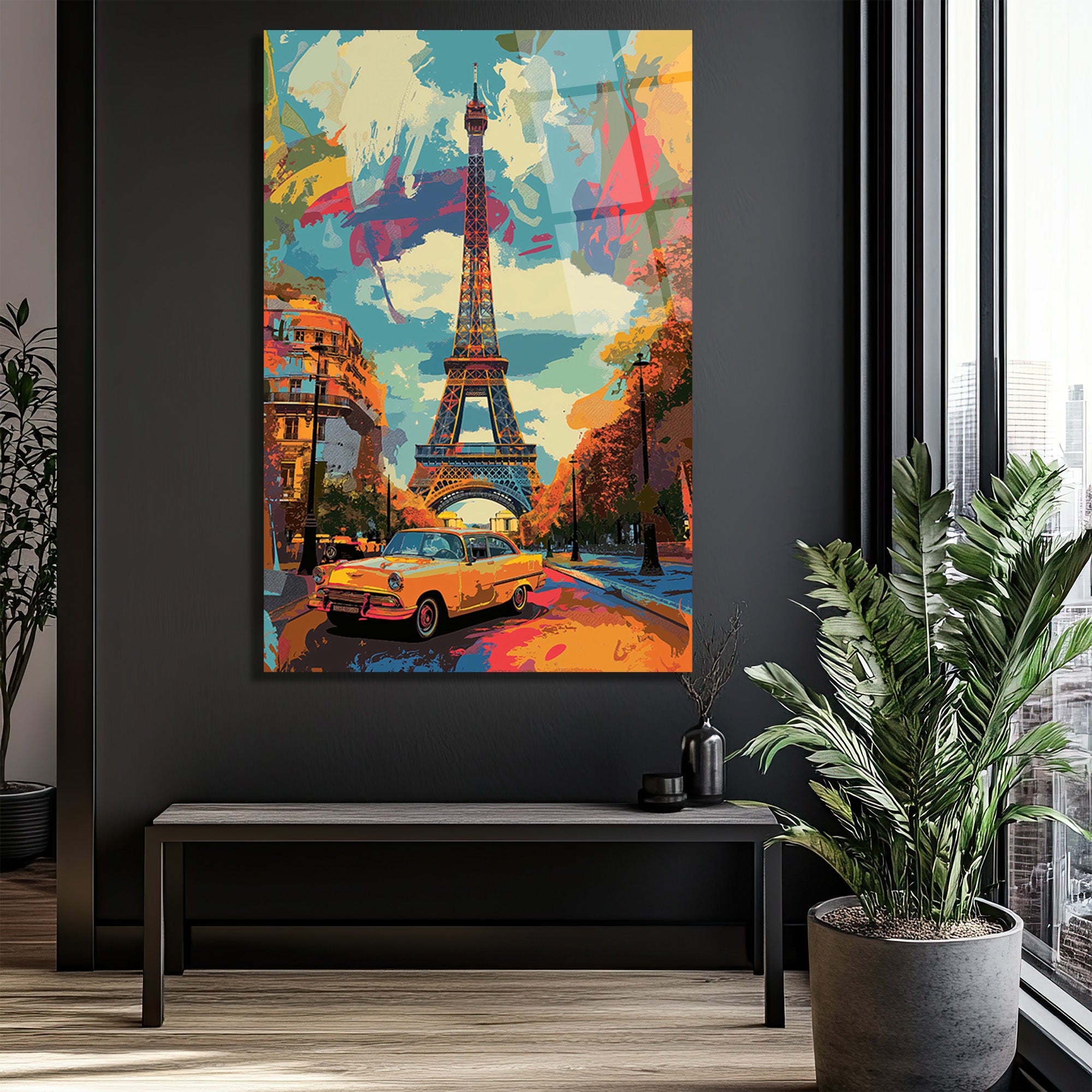 Paris'te Bir Rüya: Eyfel ve Klasik Araç Temalı Modern Cam Tablo
