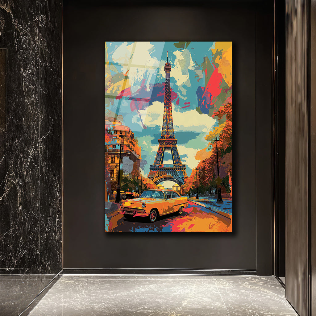 Paris'te Bir Rüya: Eyfel ve Klasik Araç Temalı Modern Cam Tablo
