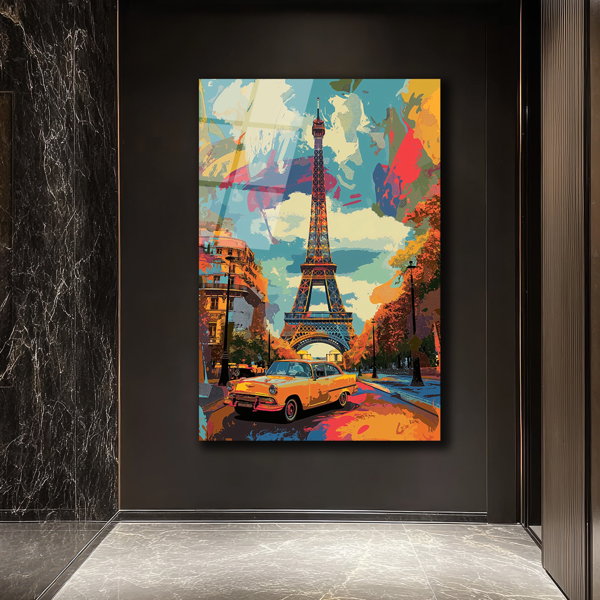 Paris'te Bir Rüya: Eyfel ve Klasik Araç Temalı Modern Cam Tablo