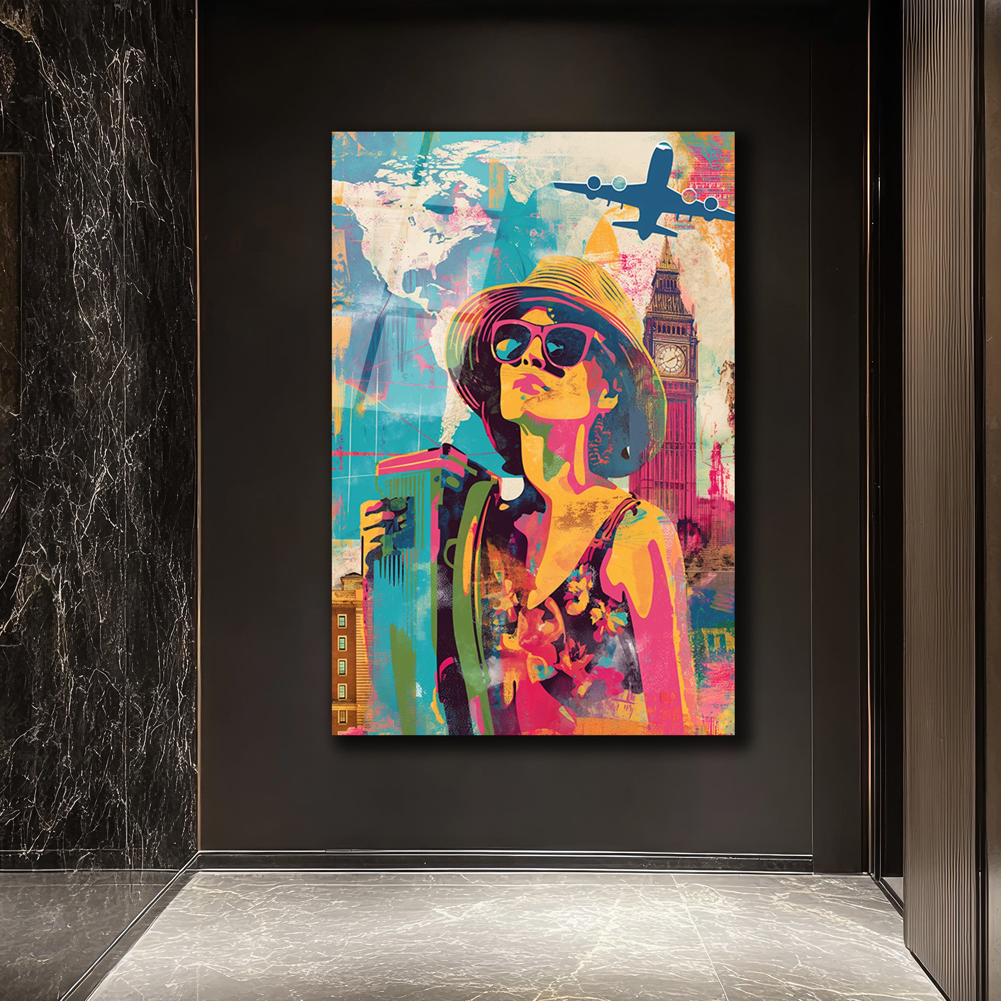 Renkli Macera: Dünya Seyahati Temalı Pop Art Cam Tablo