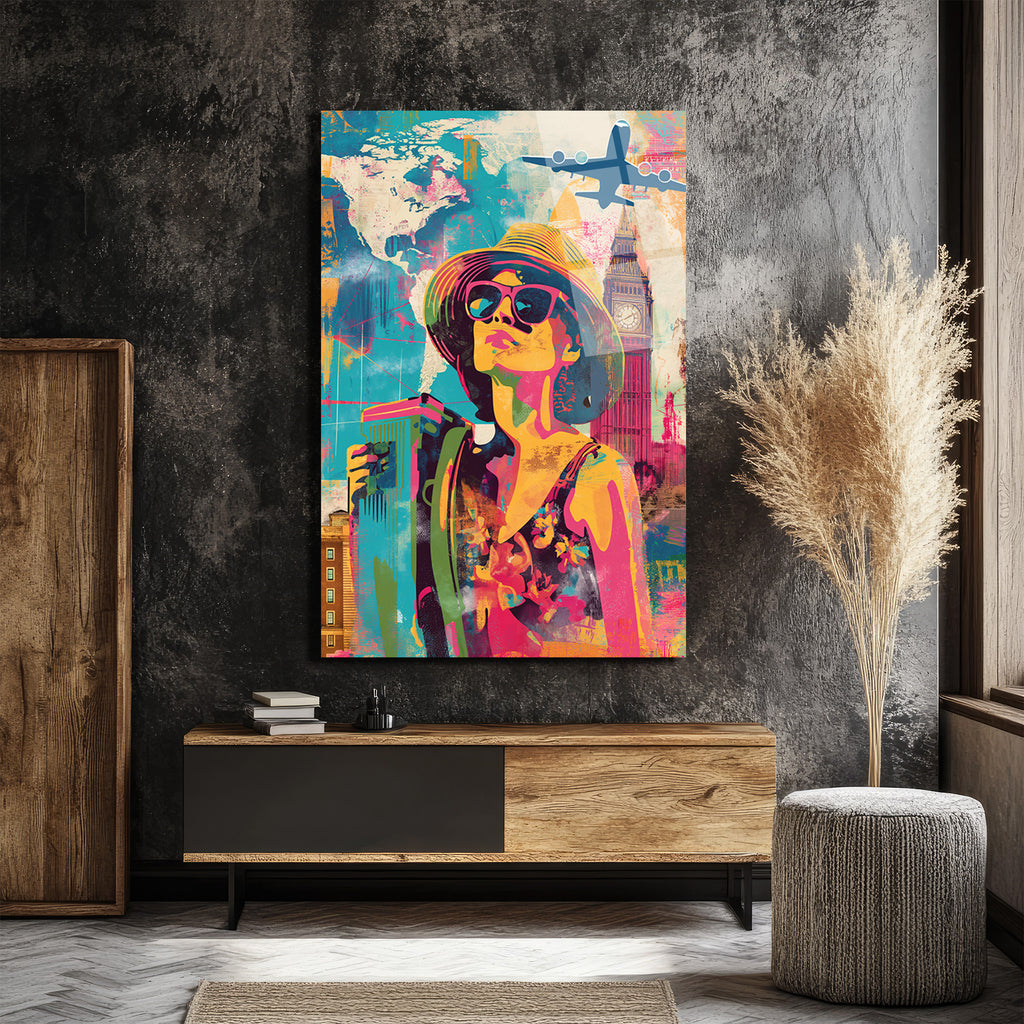 Renkli Macera: Dünya Seyahati Temalı Pop Art Cam Tablo