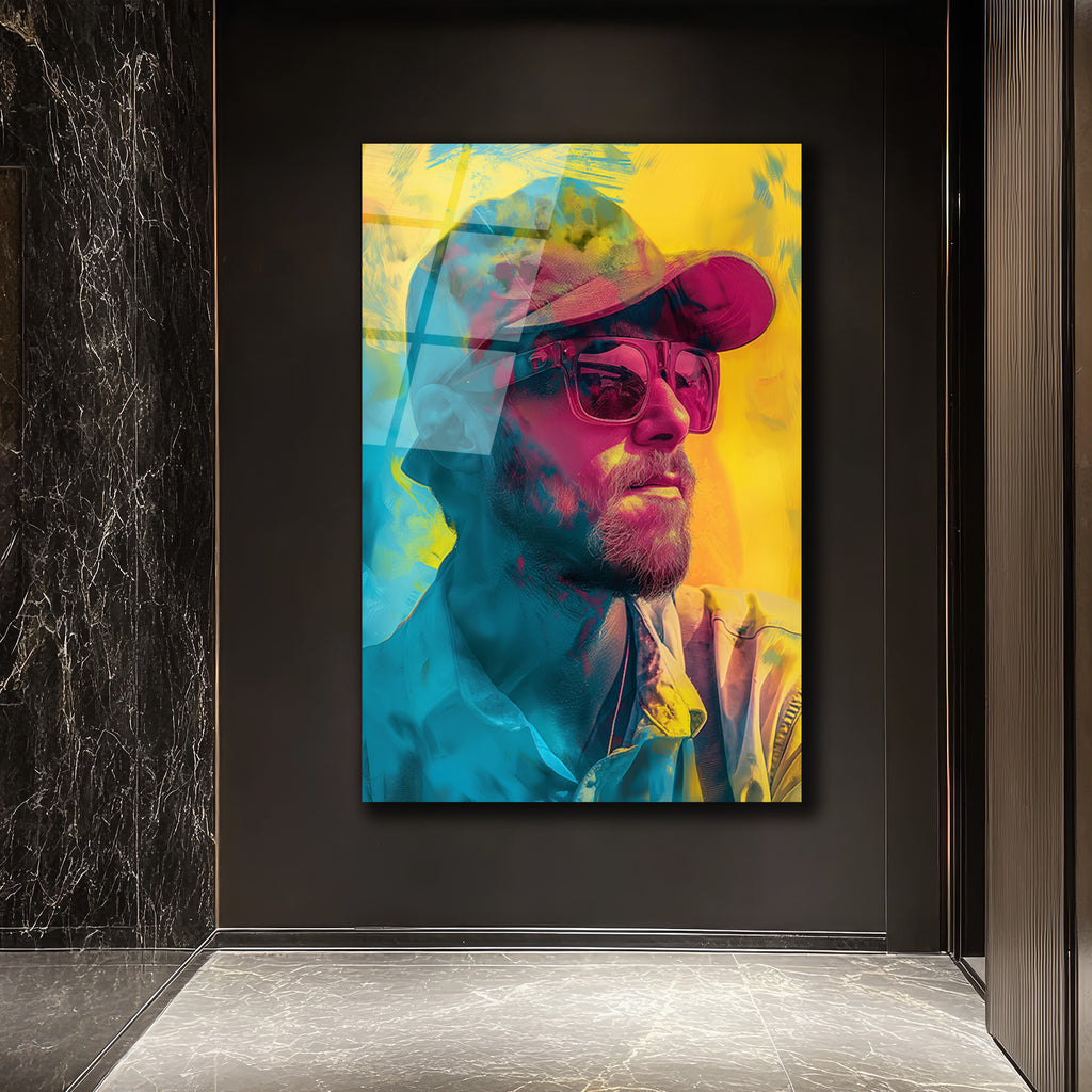 Neon Rüyası: Şapkalı Adam Portresi Modern Cam Tablo
