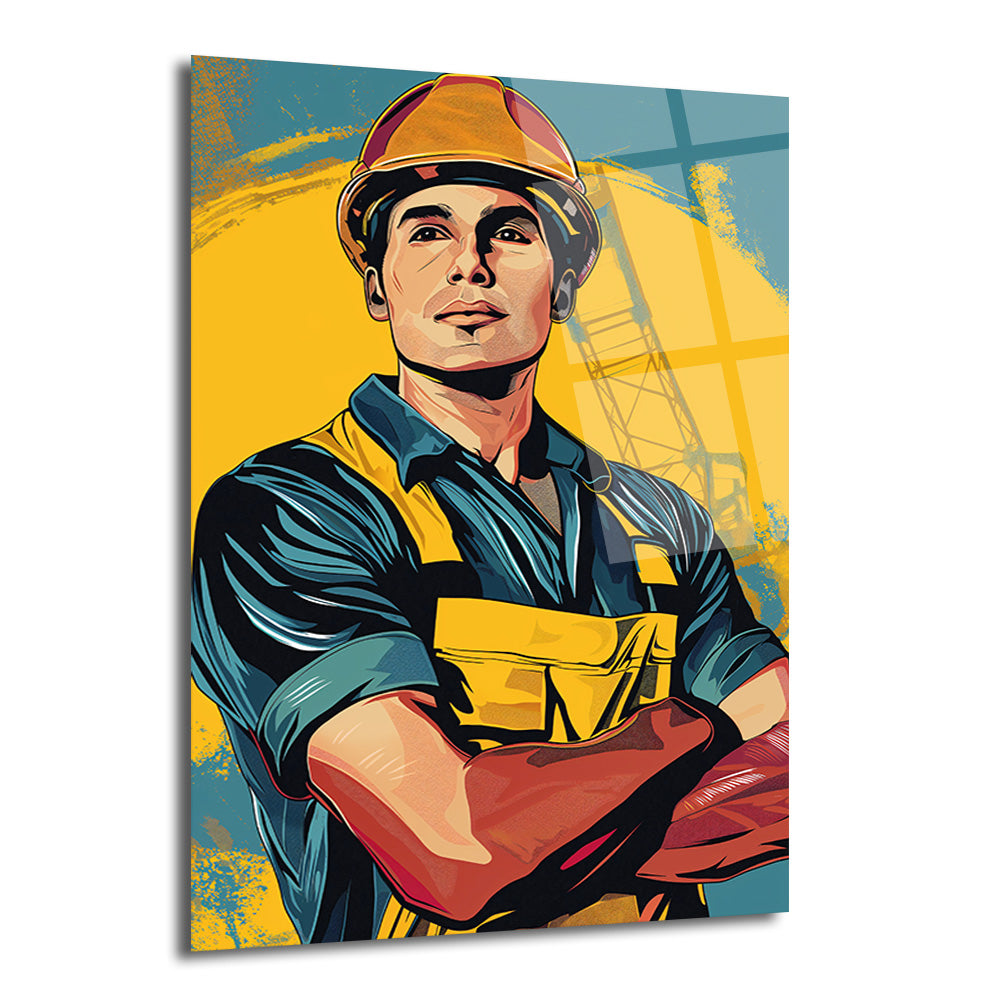 Sarı baretli, mavi gömlek ve sarı tulumlu, kolları bağlı, kararlı bir inşaat işçisini gösteren pop art tarzı cam tablo. Arka planda sarı ve turkuaz tonlarda soyut fırça darbeleri ve iskele silüeti bulunmaktadır.