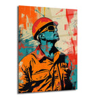 Kask ve güneş gözlüğü takmış, turuncu işçi kıyafeti giyen, turkuaz renkli yüzüyle yukarı bakan bir adamın pop art tarzında, soyut turuncu, kırmızı ve mavi fırça darbeleriyle bezeli cam tablo.