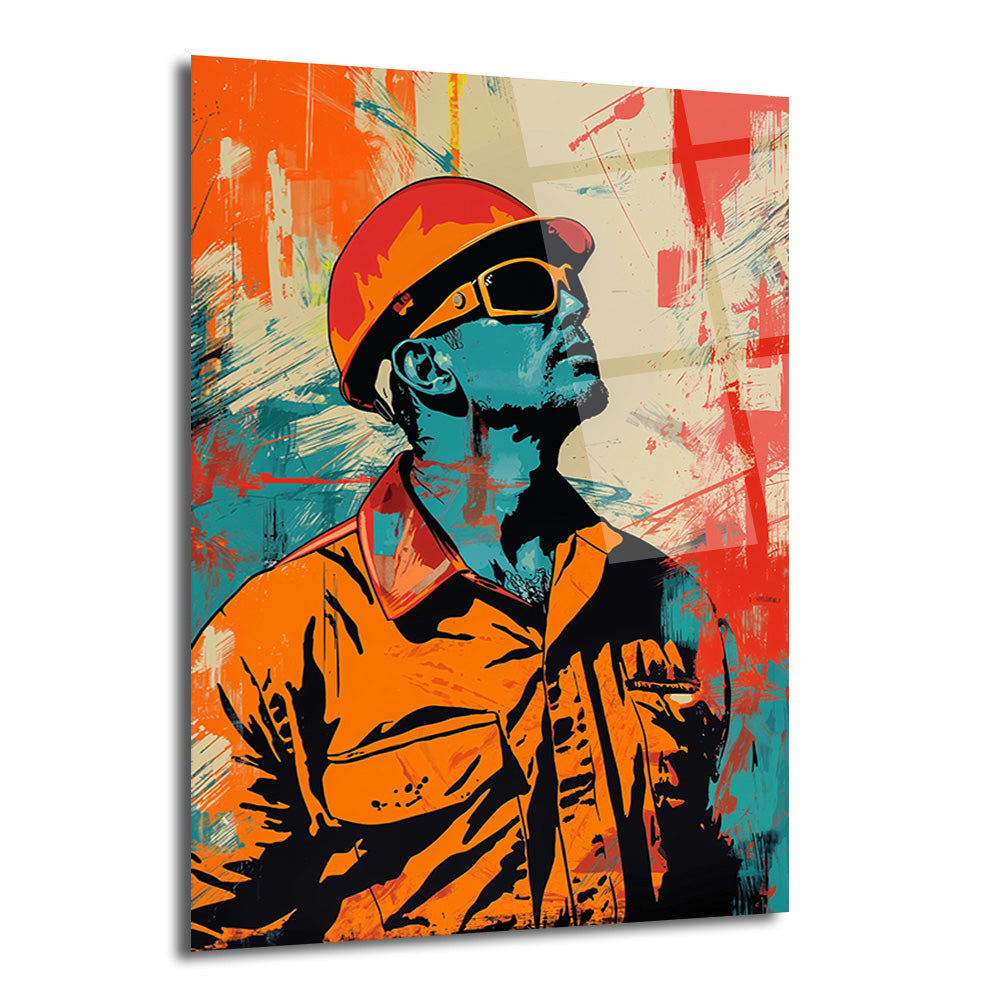 Kask ve güneş gözlüğü takmış, turuncu işçi kıyafeti giyen, turkuaz renkli yüzüyle yukarı bakan bir adamın pop art tarzında, soyut turuncu, kırmızı ve mavi fırça darbeleriyle bezeli cam tablo.