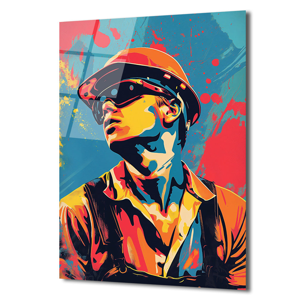 Dinamik Pop Art İşçi Portresi Cam Tablo