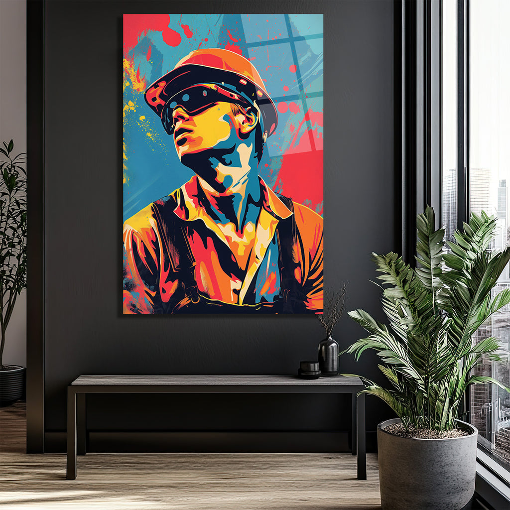 Dinamik Pop Art İşçi Portresi Cam Tablo