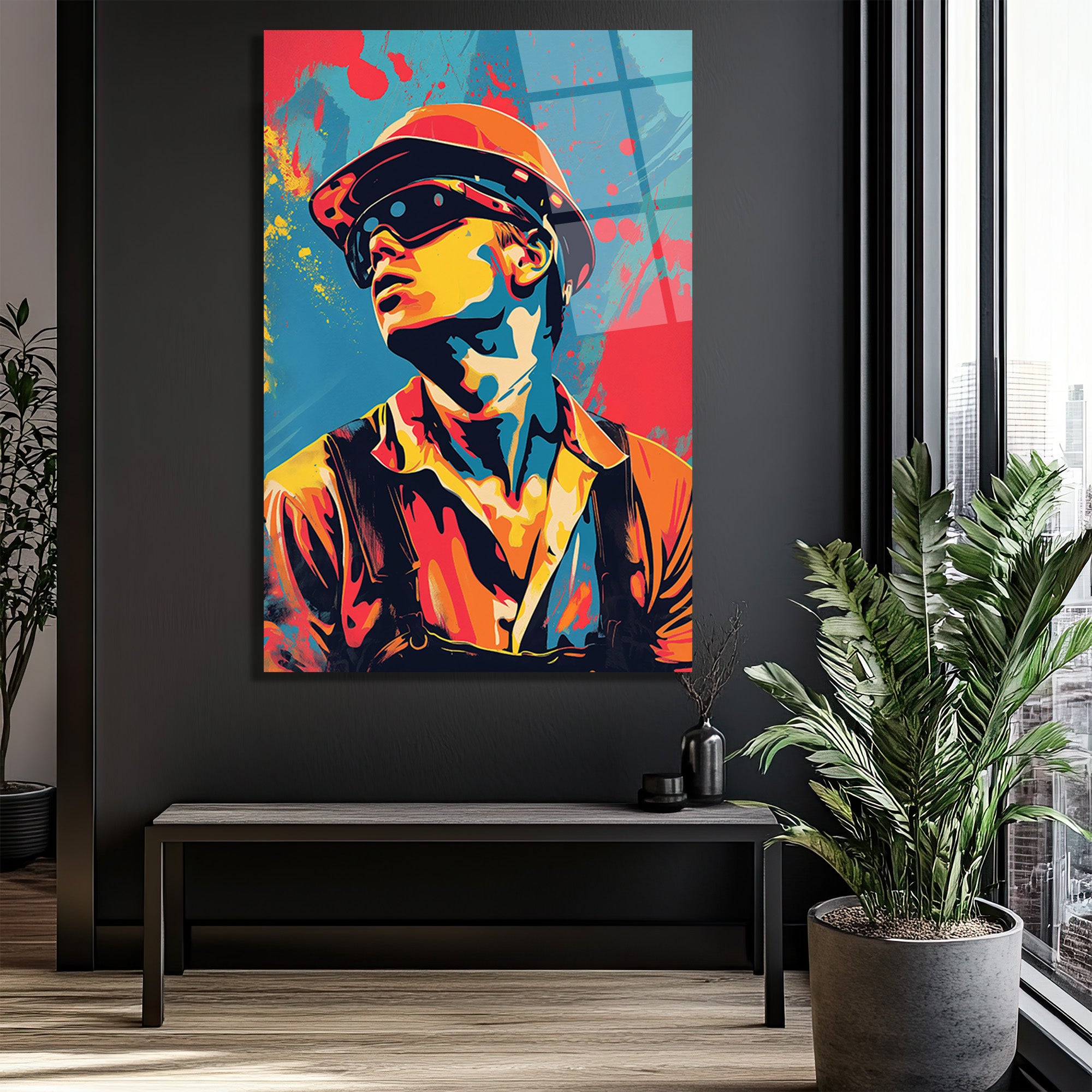 Dinamik Pop Art İşçi Portresi Cam Tablo