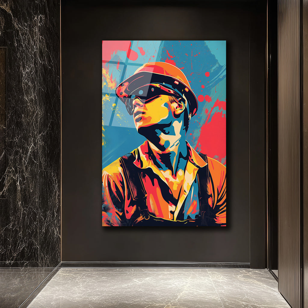 Dinamik Pop Art İşçi Portresi Cam Tablo