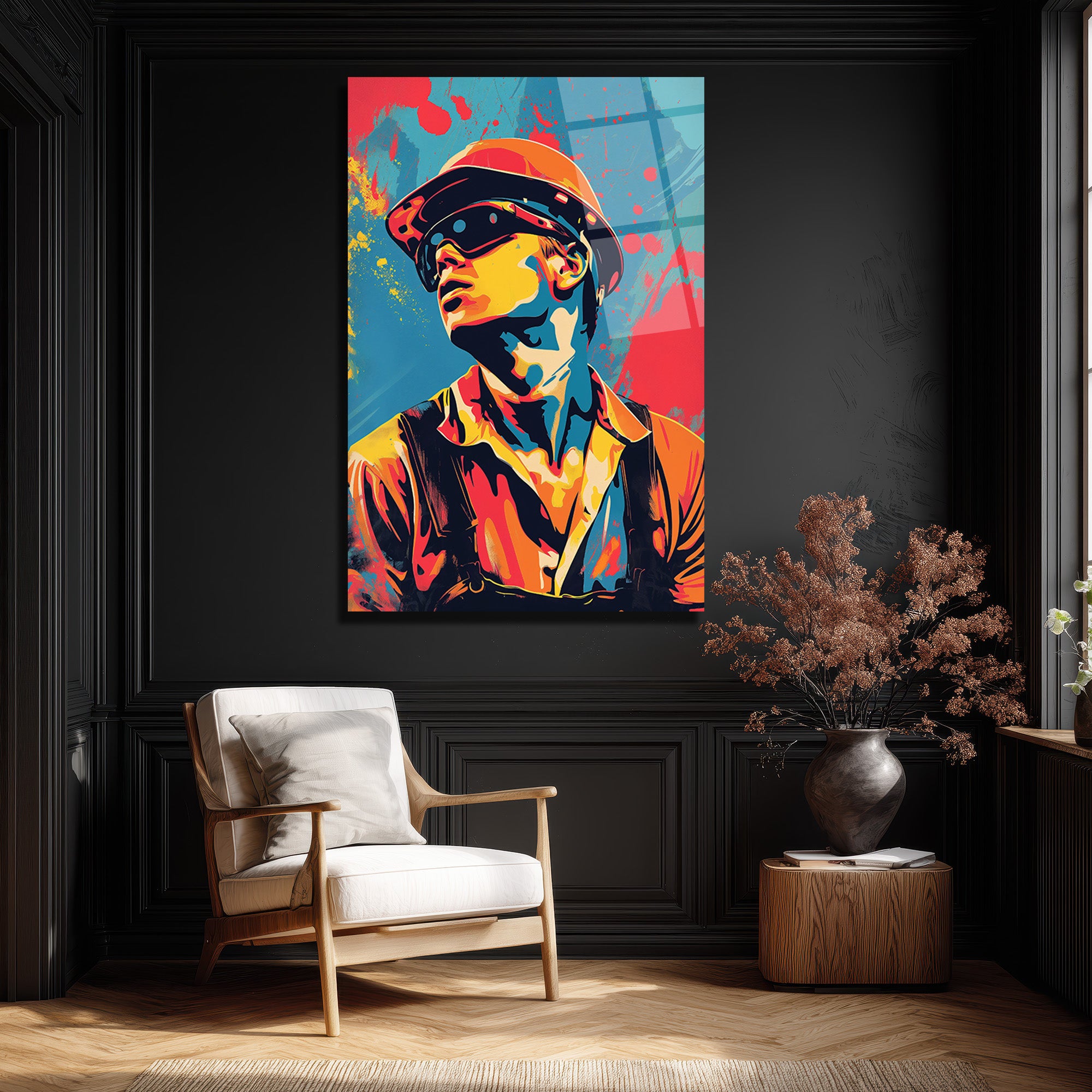 Dinamik Pop Art İşçi Portresi Cam Tablo