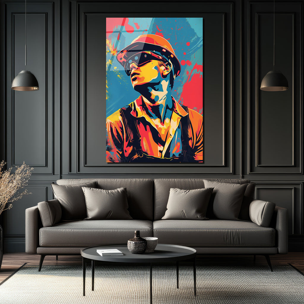 Dinamik Pop Art İşçi Portresi Cam Tablo